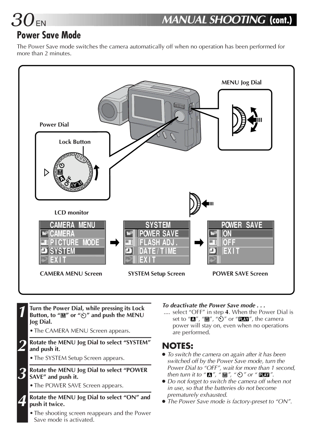 JVC GC-S1 manual Power Save Mode, System Power Save Flash ADJ Date / T I ME, Power Save OFF EX I T 