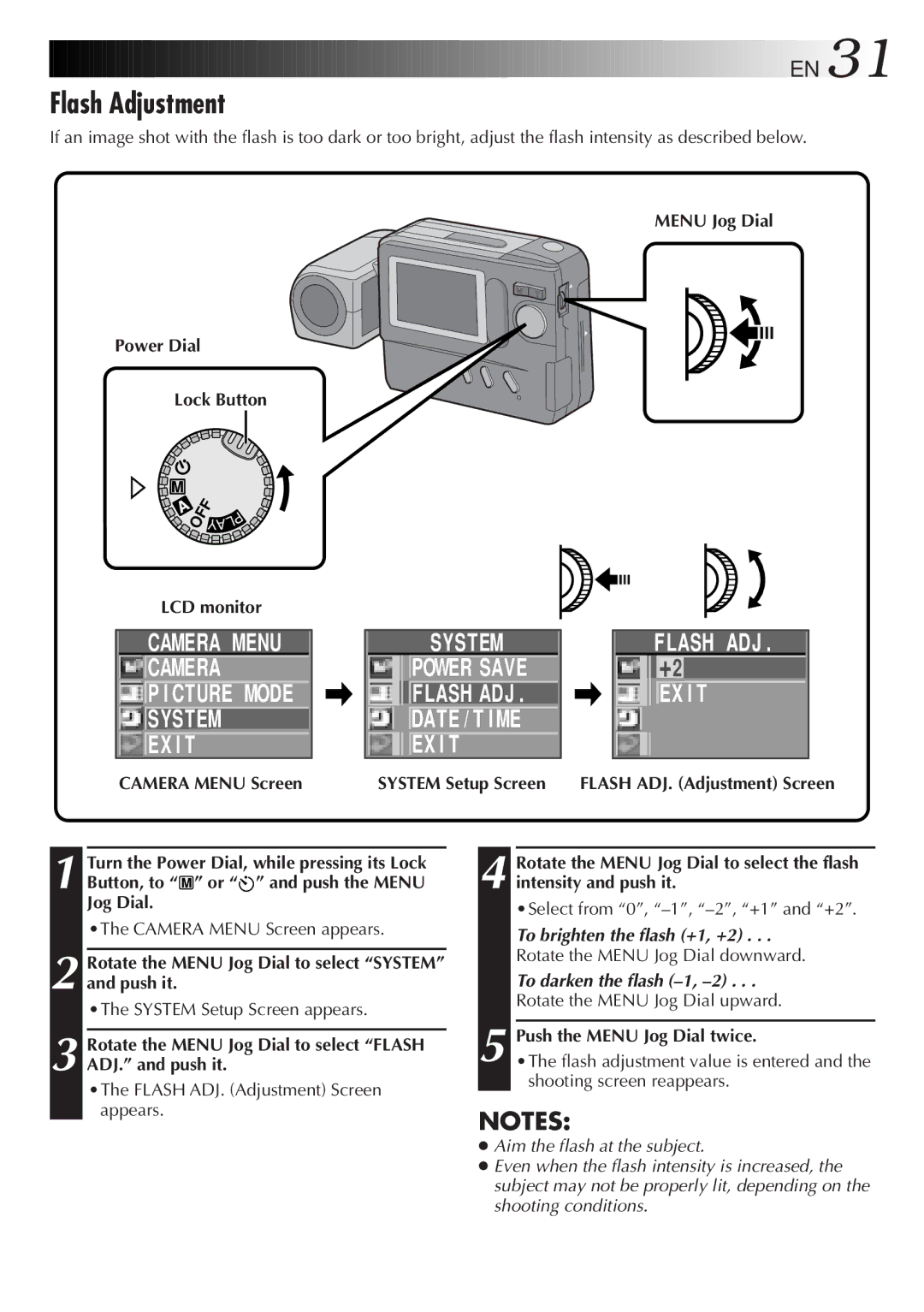 JVC GC-S1 manual Flash Adjustment, Camera Menu Cture Mode System, Flash ADJ Date / T I ME, Flash ADJ EX I T 