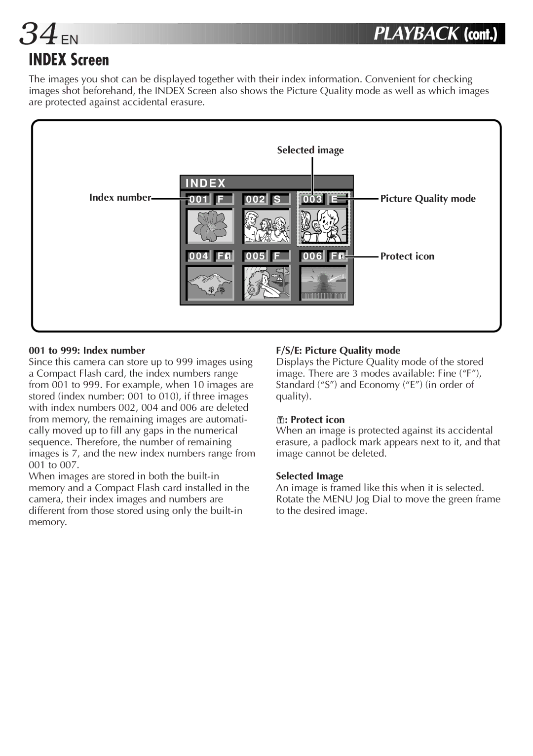 JVC GC-S1 manual Index Screen, Selected image Index number, Picture Quality mode Protect icon 001 to 999 Index number 