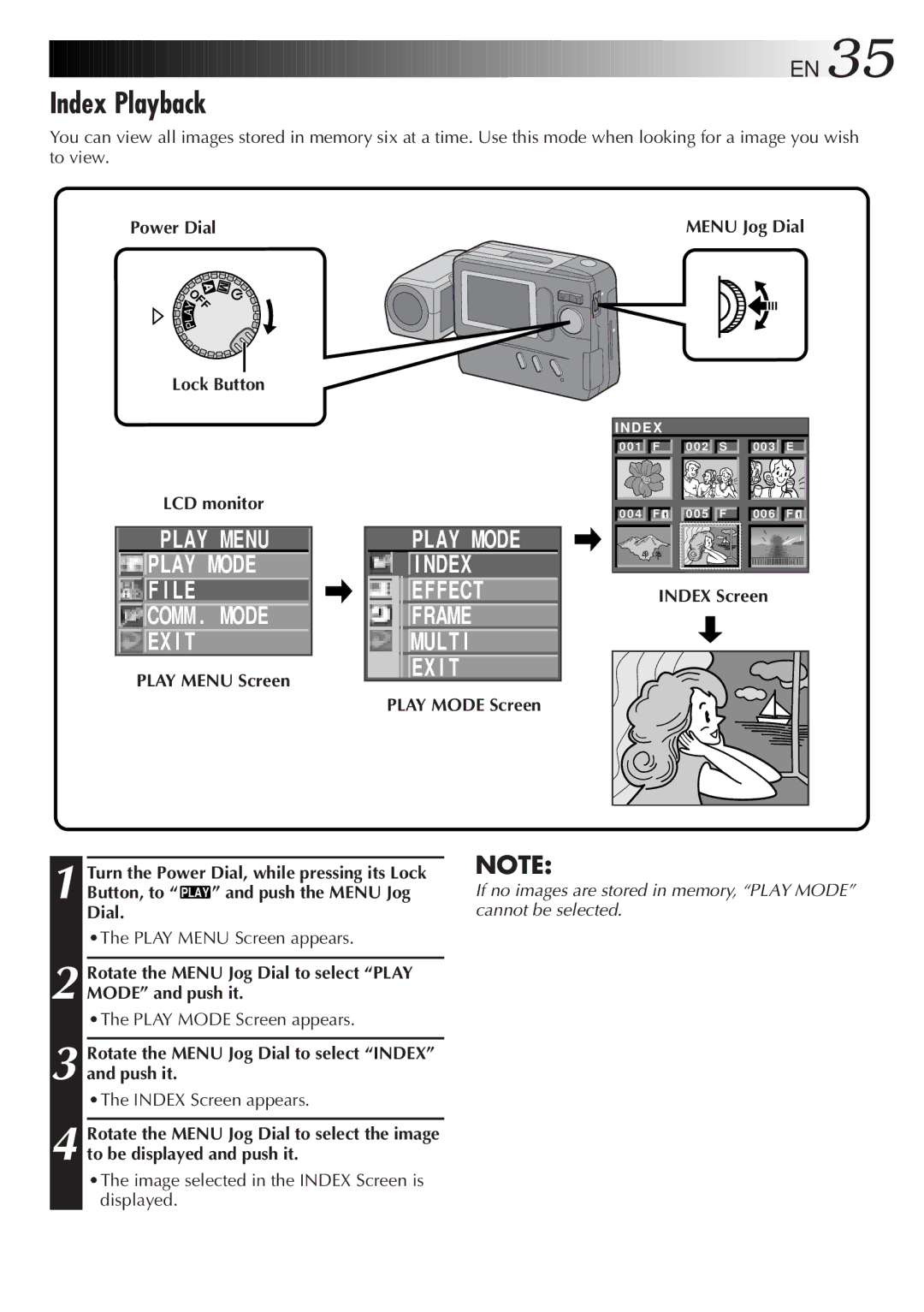 JVC GC-S1 manual Index Playback, Play Mode Ndex Effect Frame Mult EX I T 