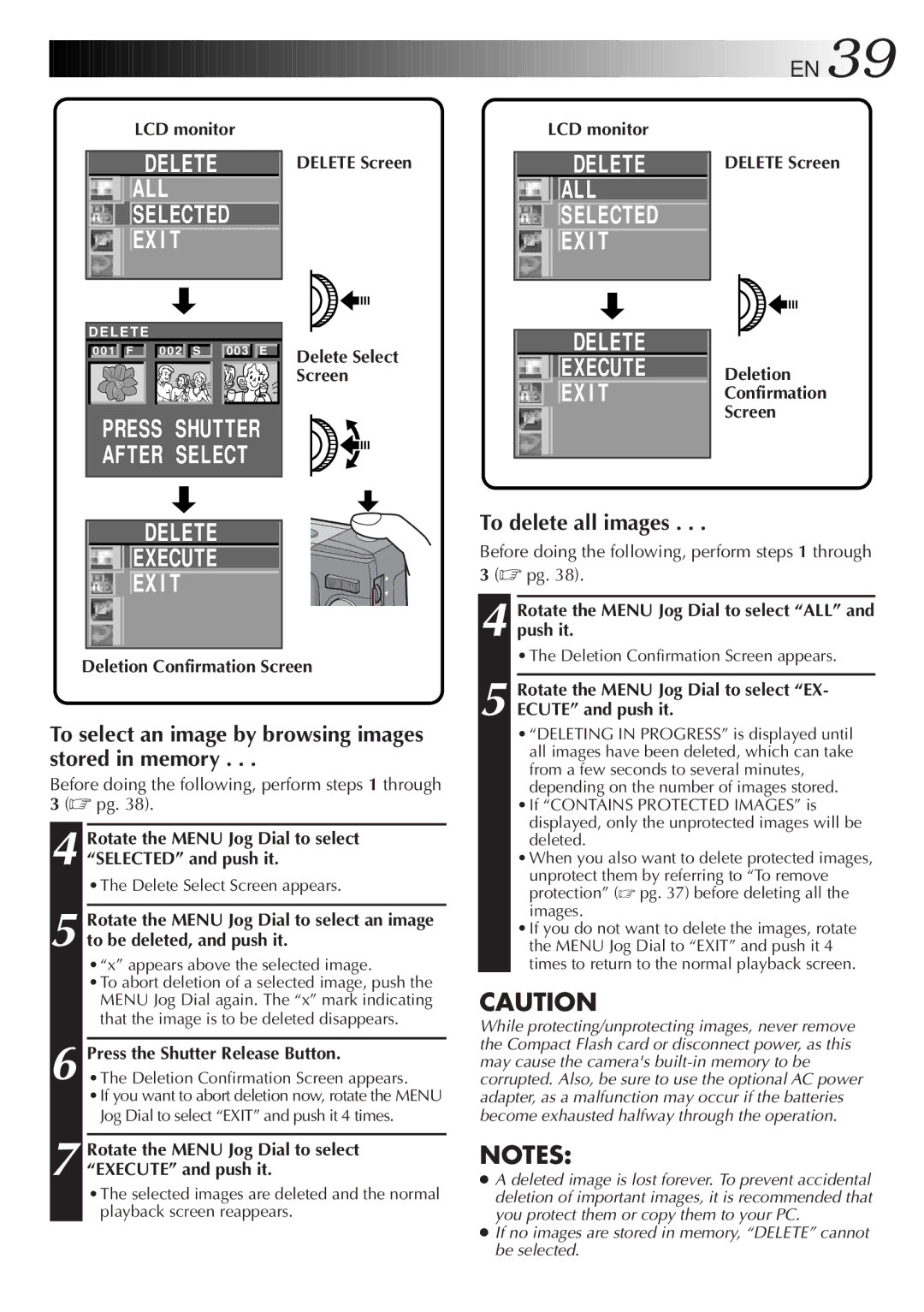 JVC GC-S1 manual Delete Execute EX I T, To select an image by browsing images stored in memory, To delete all images 