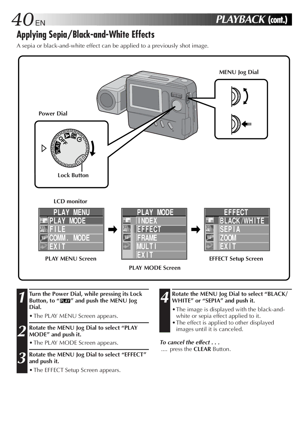 JVC GC-S1 manual Applying Sepia/Black-and-White Effects, SEP I a Zoom EX I T, Menu Jog Dial Power Dial 