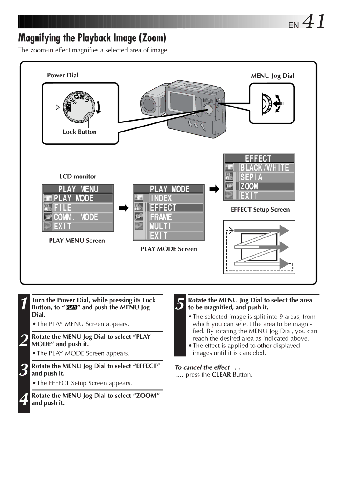 JVC GC-S1 manual Magnifying the Playback Image Zoom, Effect Black /WH ITE SEP I a Zoom EX I T, Effect Setup Screen 