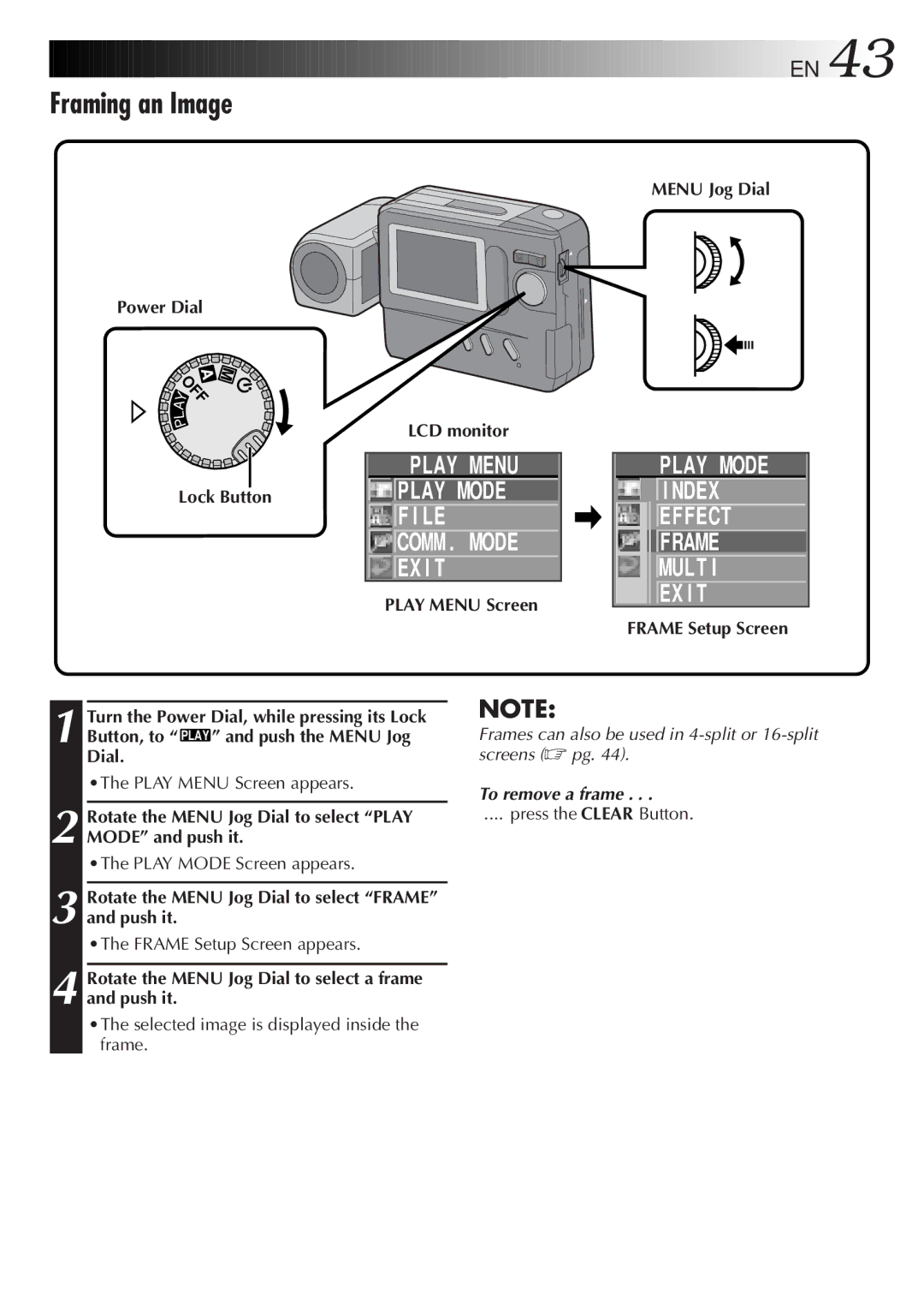 JVC GC-S1 manual Framing an Image, Frame Setup Screen, Rotate the Menu Jog Dial to select Frame and push it 