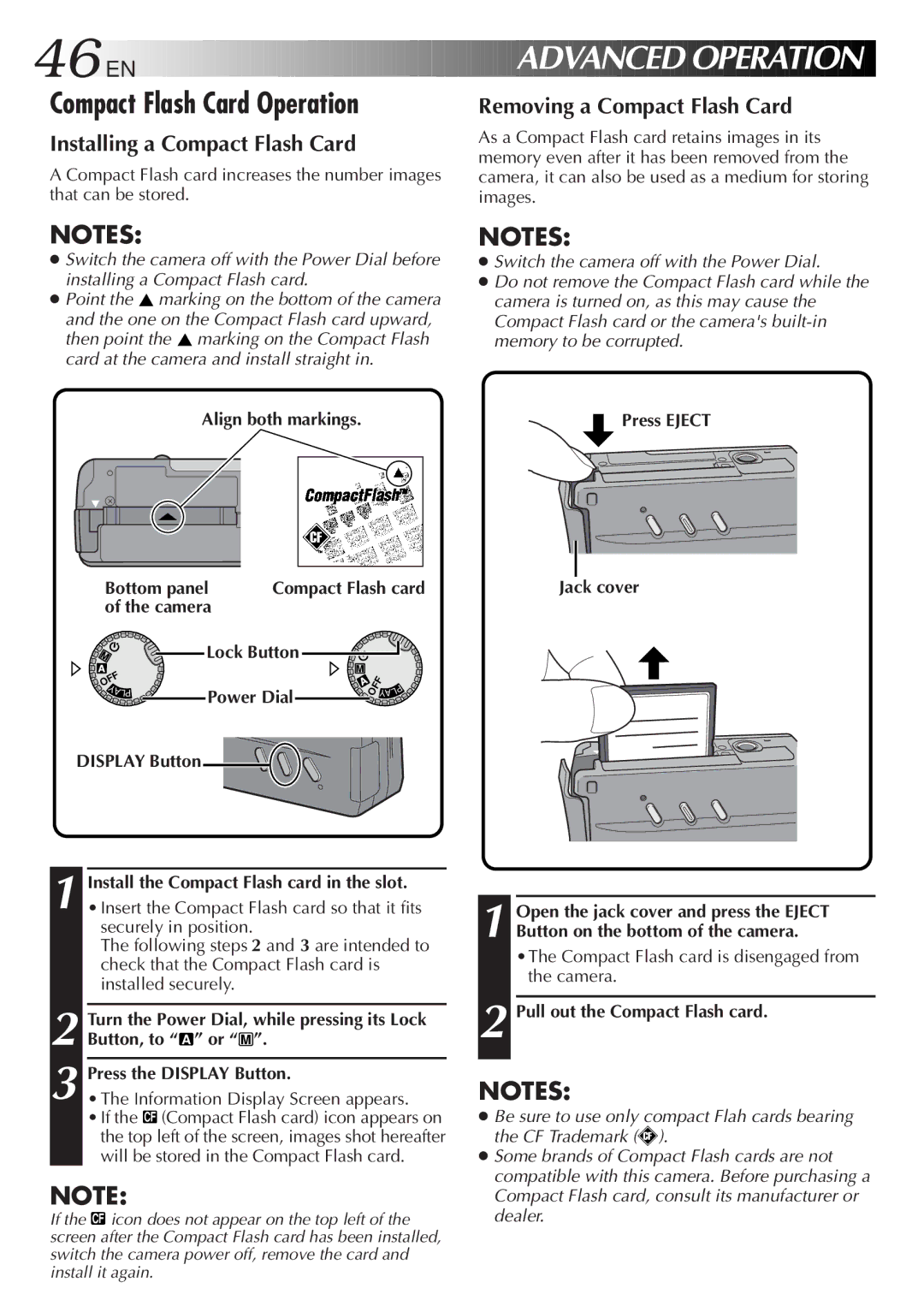 JVC GC-S1 manual Compact Flash Card Operation, Installing a Compact Flash Card, Removing a Compact Flash Card 