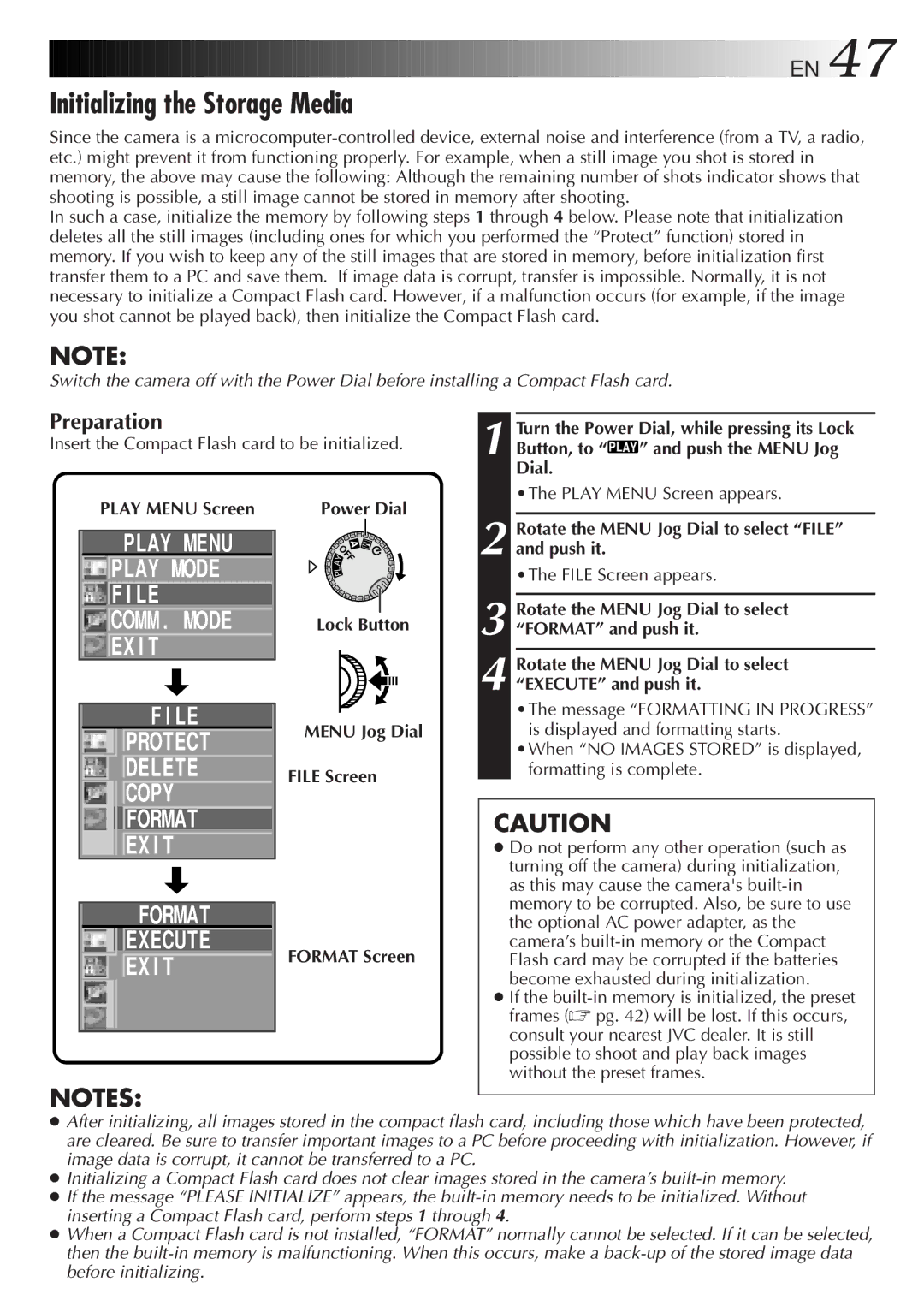 JVC GC-S1 manual Initializing the Storage Media, Protect Delete Copy Format EX I T, Preparation 