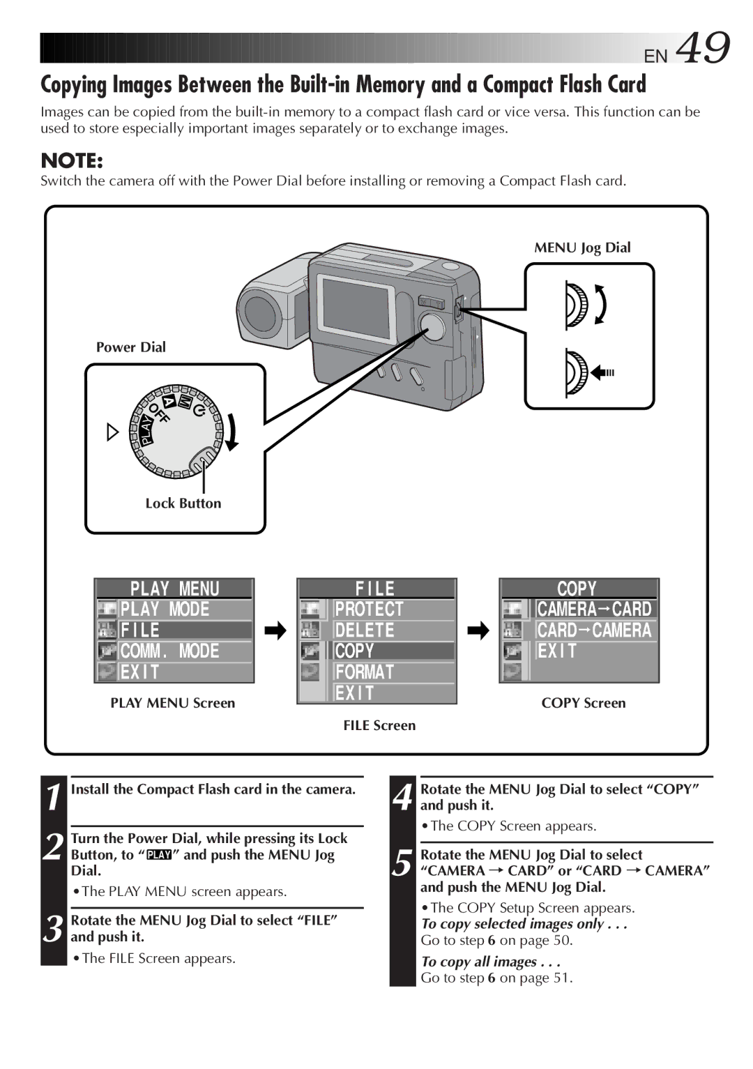 JVC GC-S1 manual Rotate the Menu Jog Dial to select Copy and push it, Copy Screen appears, Copy Setup Screen appears 