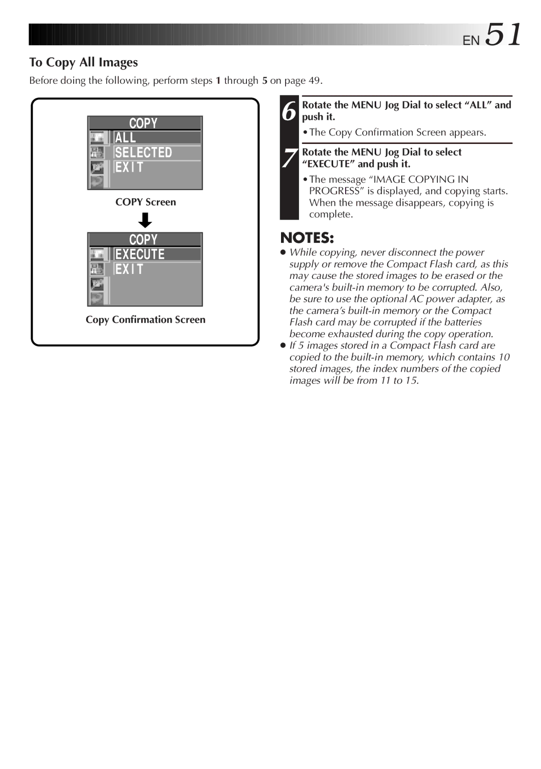 JVC GC-S1 manual To Copy All Images, Copy Confirmation Screen 