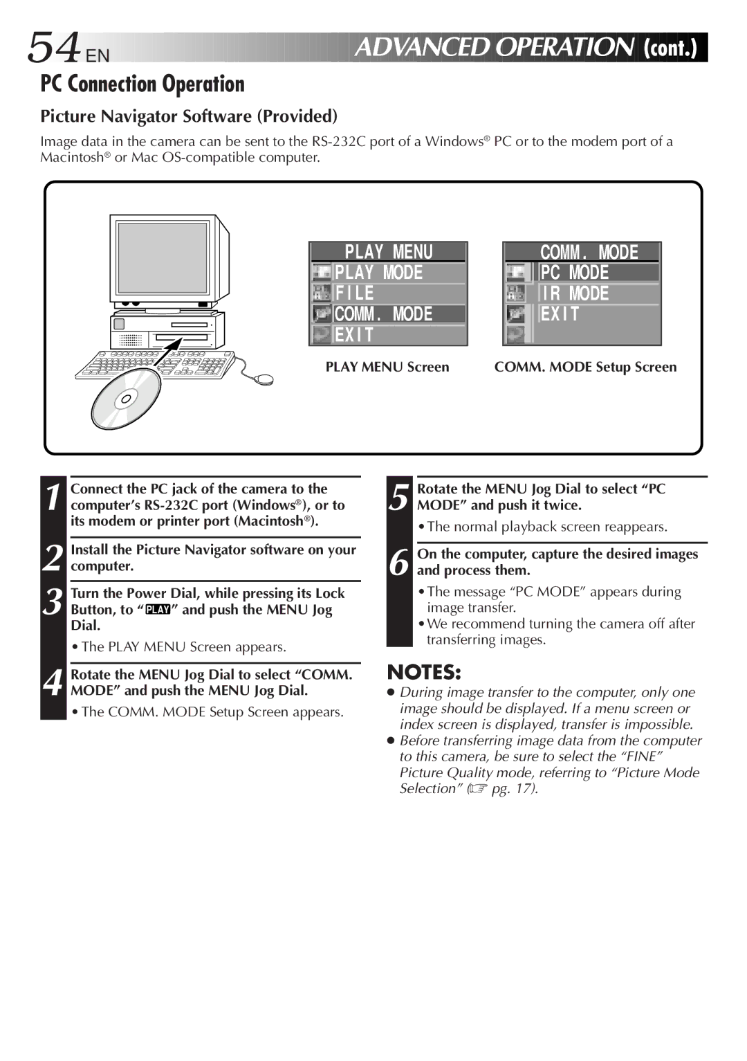 JVC GC-S1 manual PC Connection Operation, Picture Navigator Software Provided, COMM. Mode Setup Screen, Push the Menu Jog 