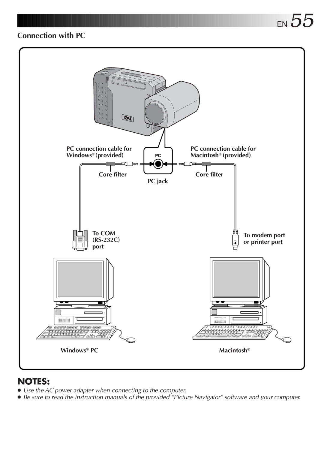 JVC GC-S1 manual Connection with PC, PC connection cable for, Windows provided, To COM RS-232C port, Windows PC 