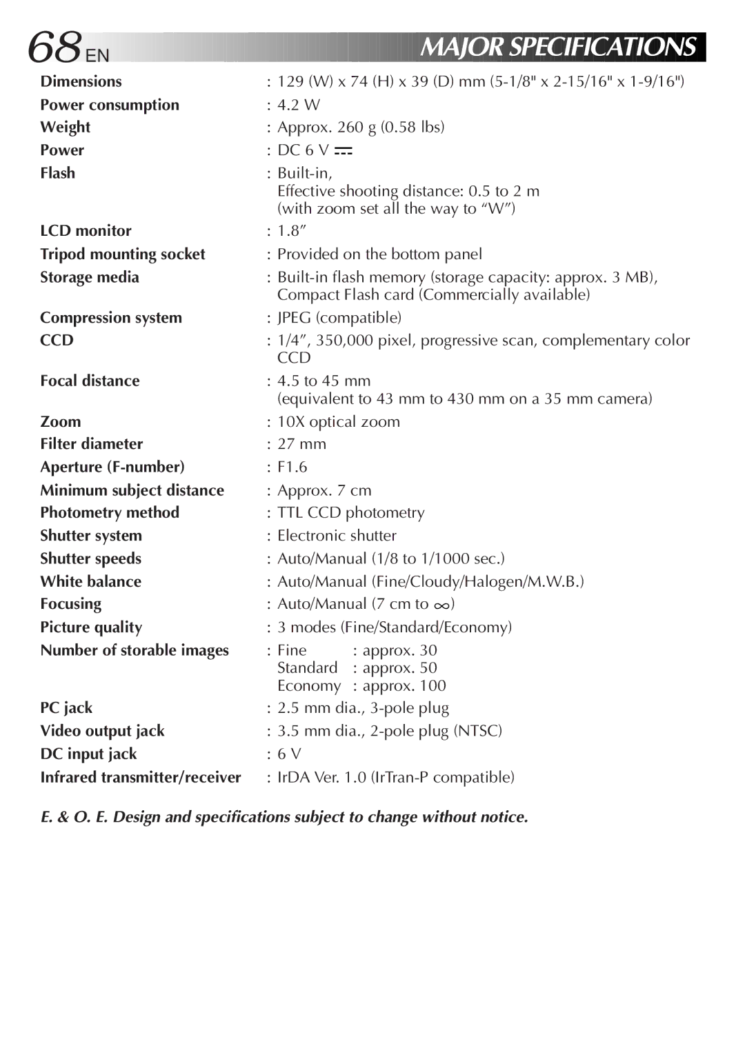 JVC GC-S1 manual Major Specifications 