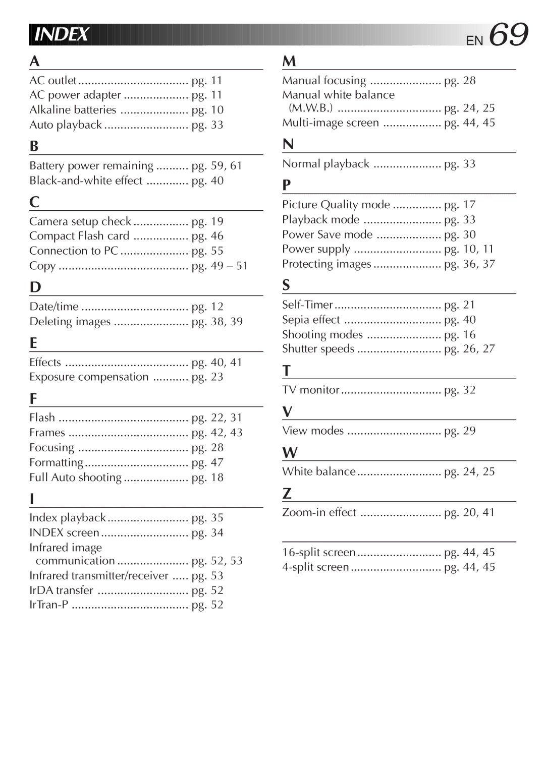 JVC GC-S1 manual Index, Camera setup check, Exposure compensation, Infrared transmitter/receiver 