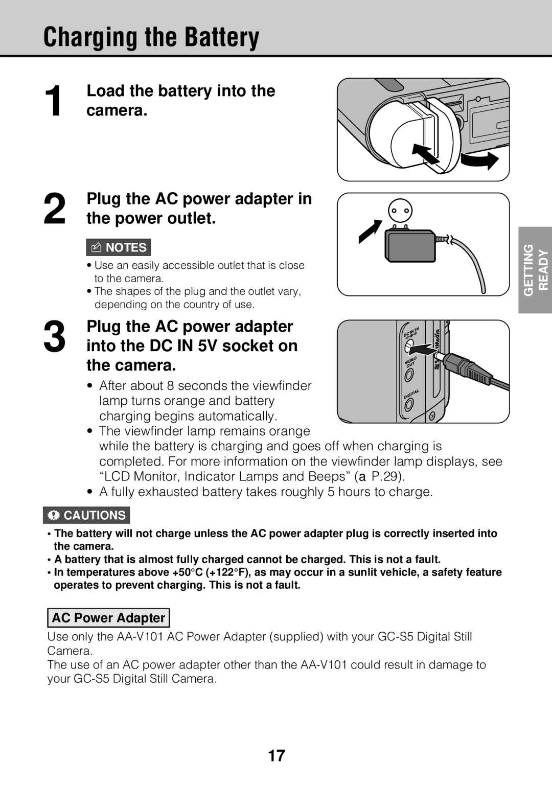 JVC GC-S5 manual Charging the Battery, Camera, Power outlet, Plug the AC power adapter, Into the DC in 5V socket on 