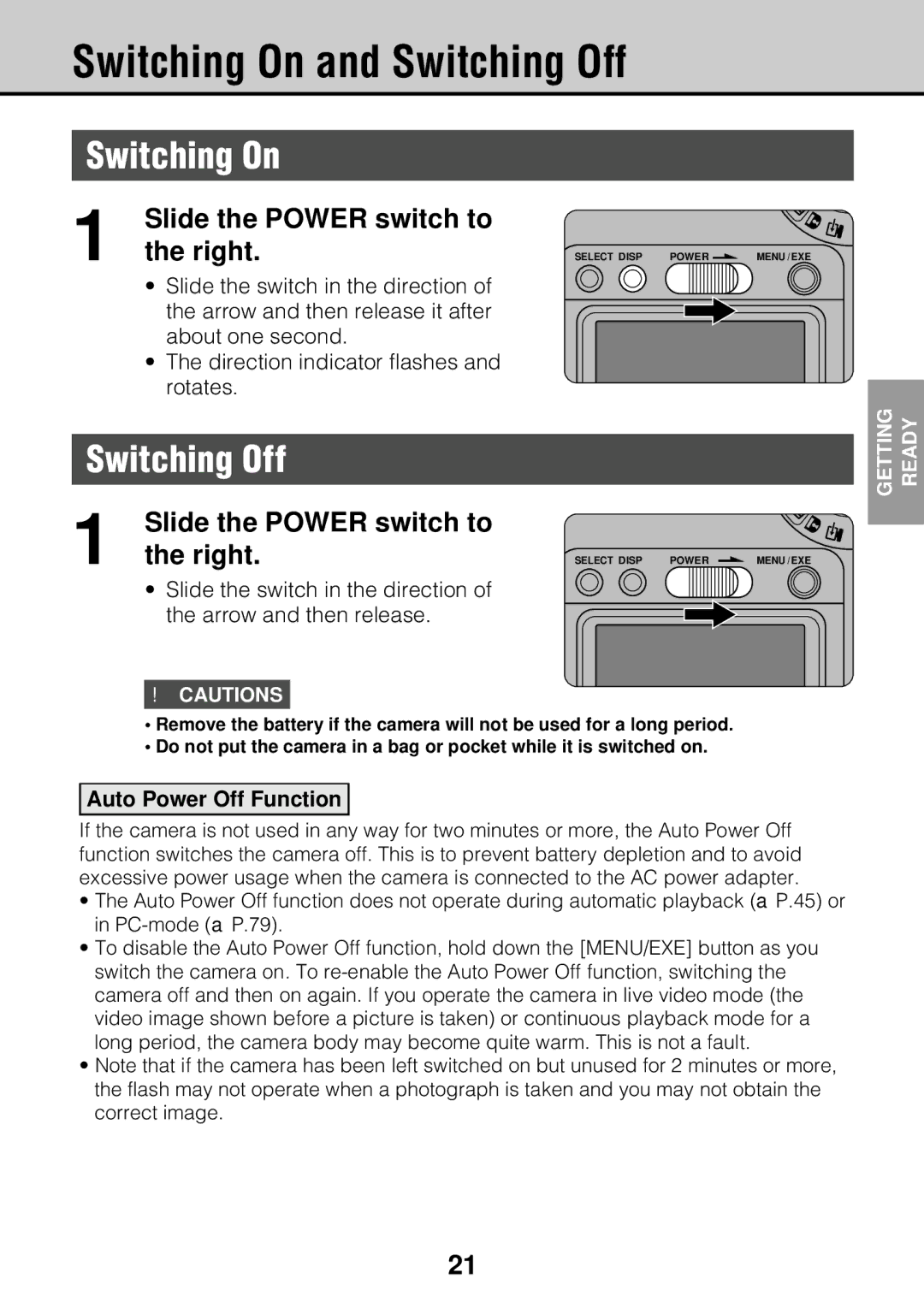 JVC GC-S5 manual Switching On and Switching Off, Slide the Power switch to Right, Auto Power Off Function 