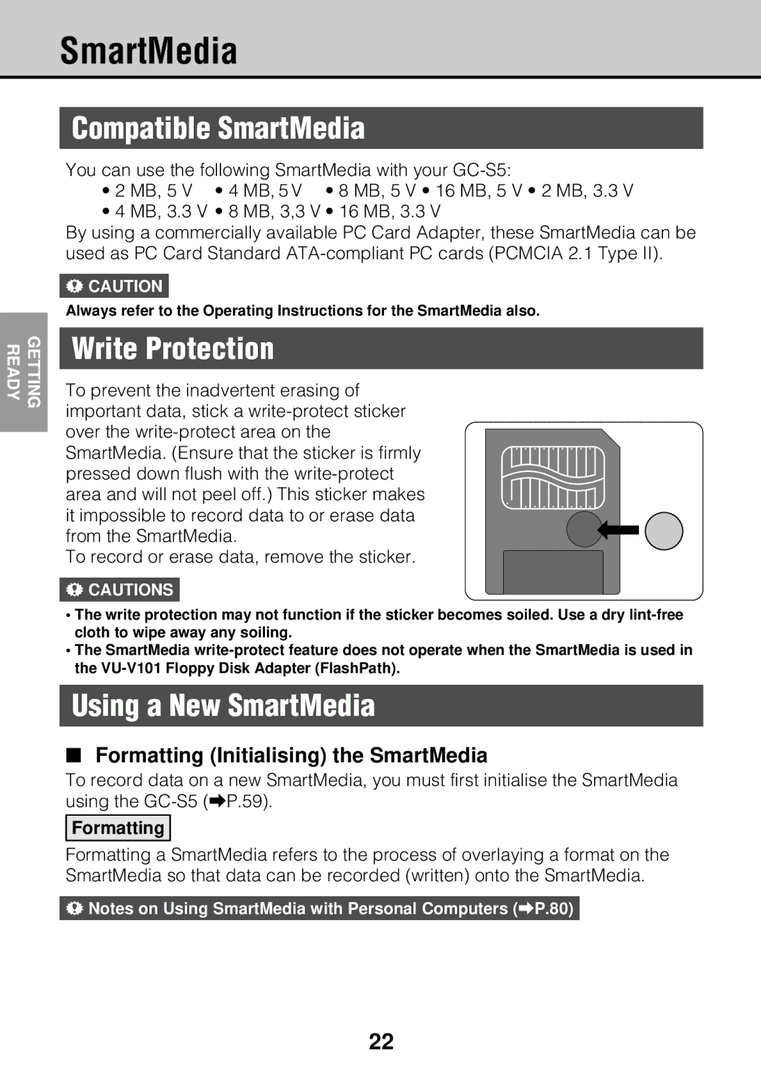 JVC GC-S5 manual Compatible SmartMedia, Write Protection, Using a New SmartMedia, Formatting 