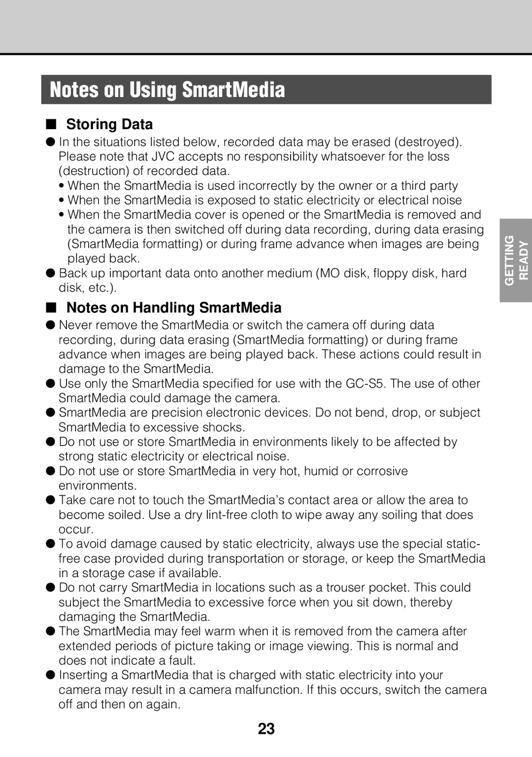 JVC GC-S5 manual Storing Data 