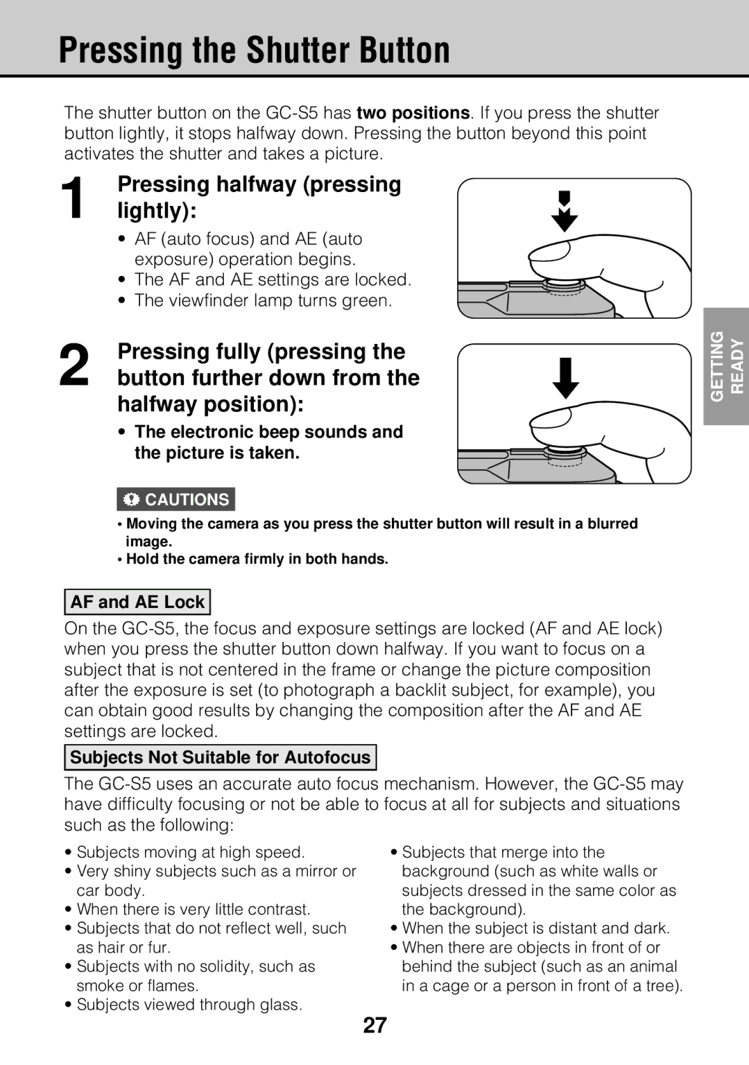 JVC GC-S5 manual Pressing the Shutter Button, Pressing halfway pressing, Lightly, Pressing fully pressing, Halfway position 