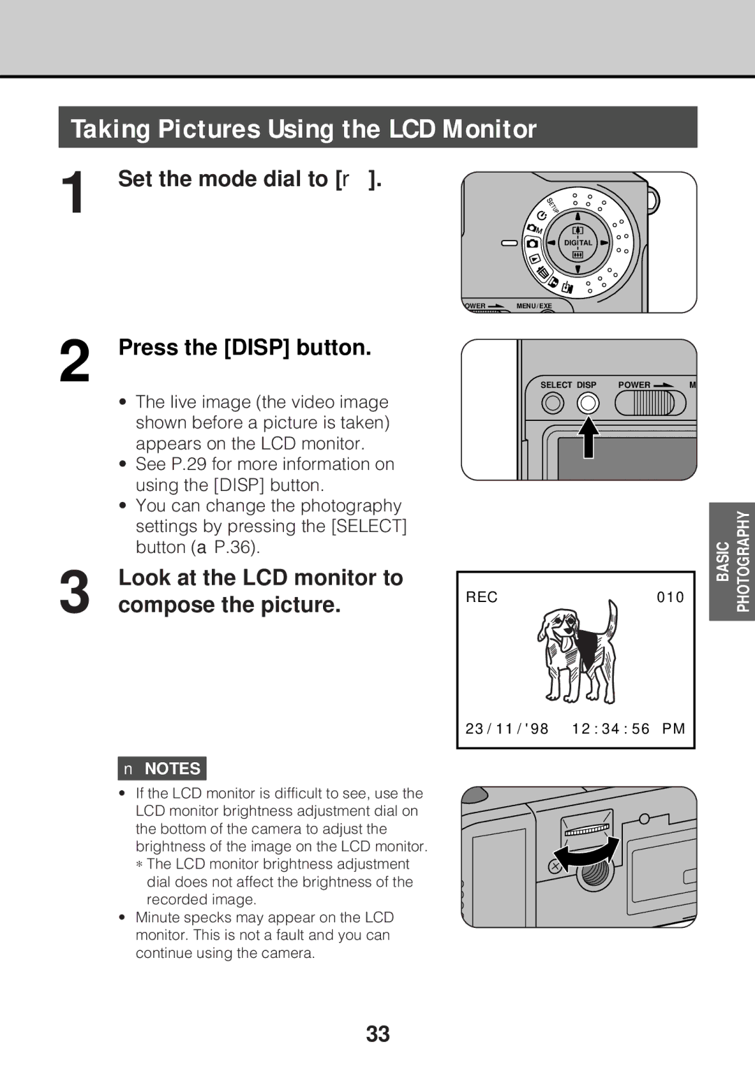 JVC GC-S5 Taking Pictures Using the LCD Monitor, Press the Disp button, Look at the LCD monitor to compose the picture 