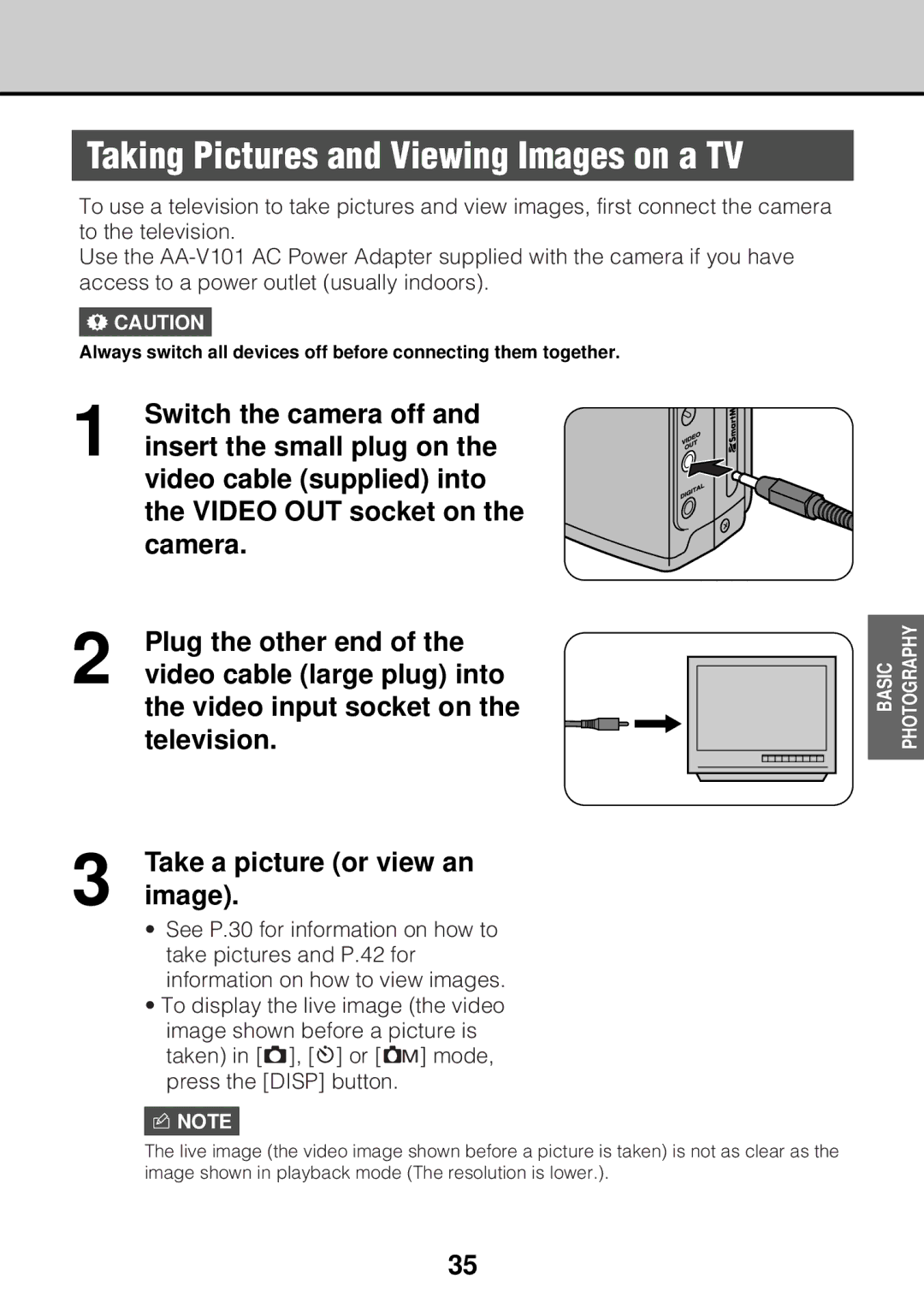 JVC GC-S5 manual Switch the camera off, Insert the small plug on, Video cable supplied into, Plug the other end, Image 