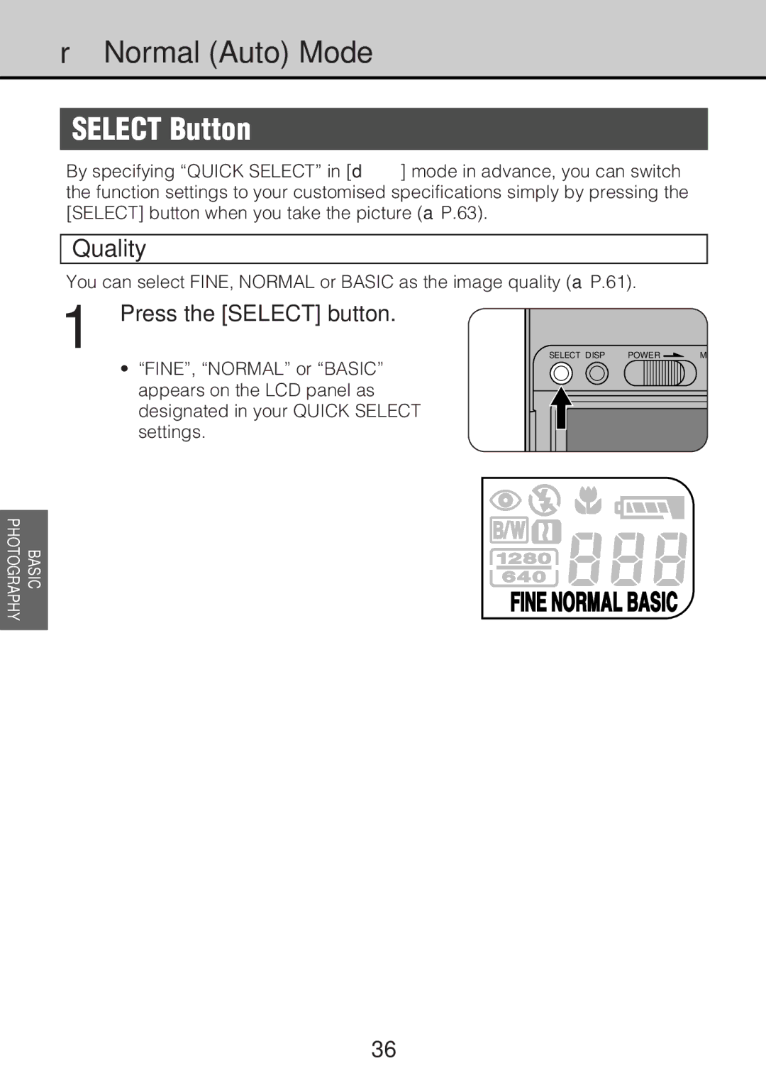 JVC GC-S5 manual Select Button, Quality, Press the Select button 