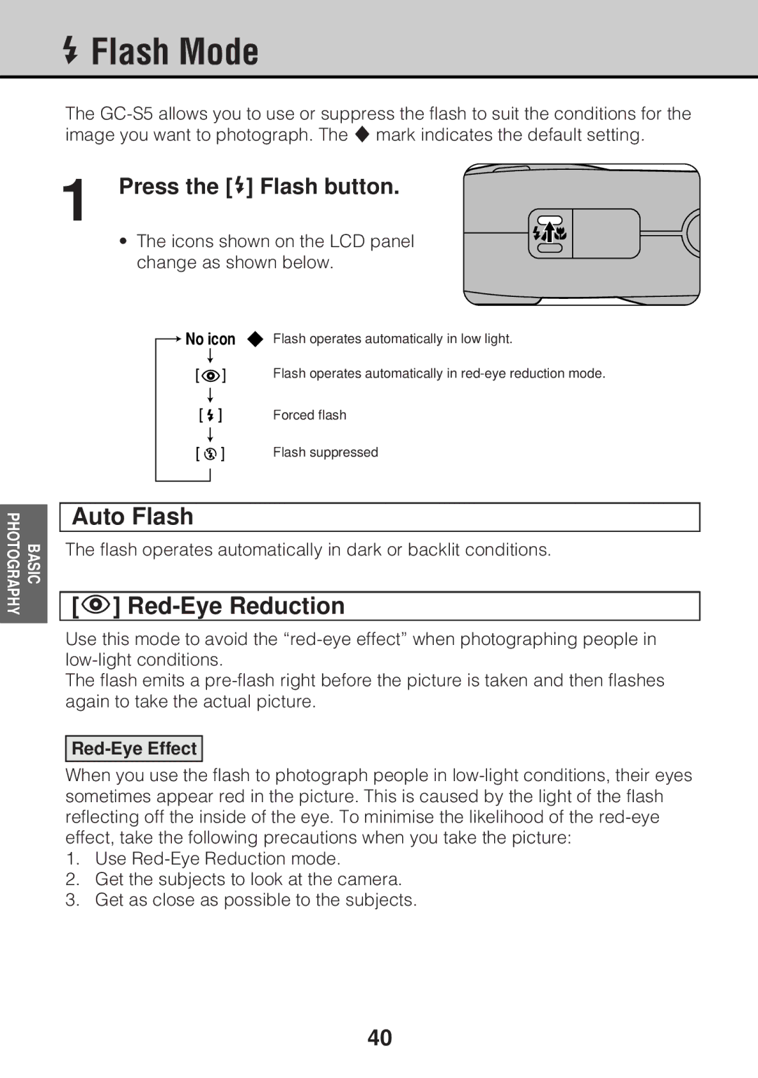 JVC GC-S5 manual Flash Mode, Auto Flash, Red-Eye Reduction, Press the f Flash button, Red-Eye Effect 