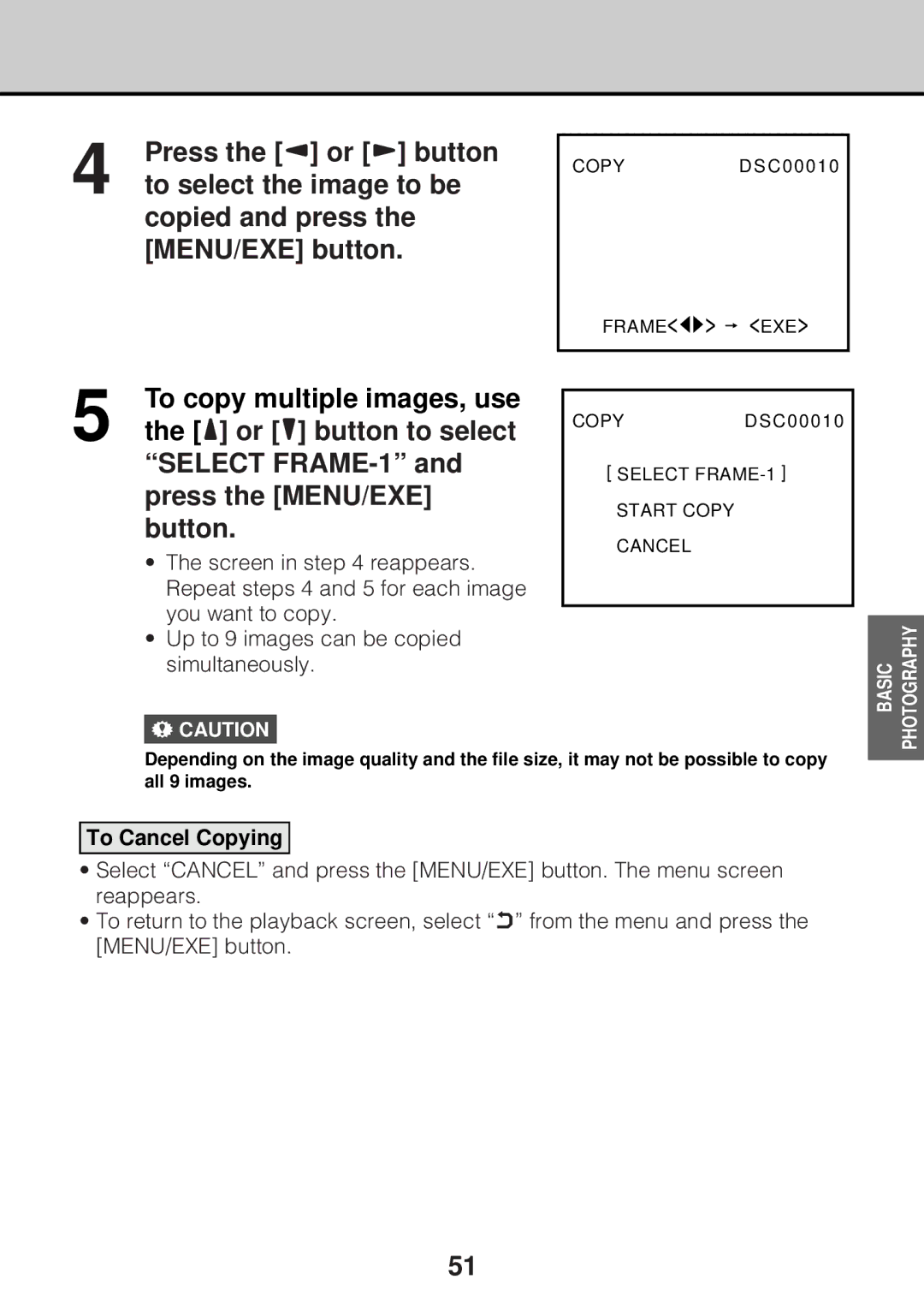 JVC GC-S5 manual To select the image to be, Select FRAME-1 and press the MENU/EXE button, To Cancel Copying 