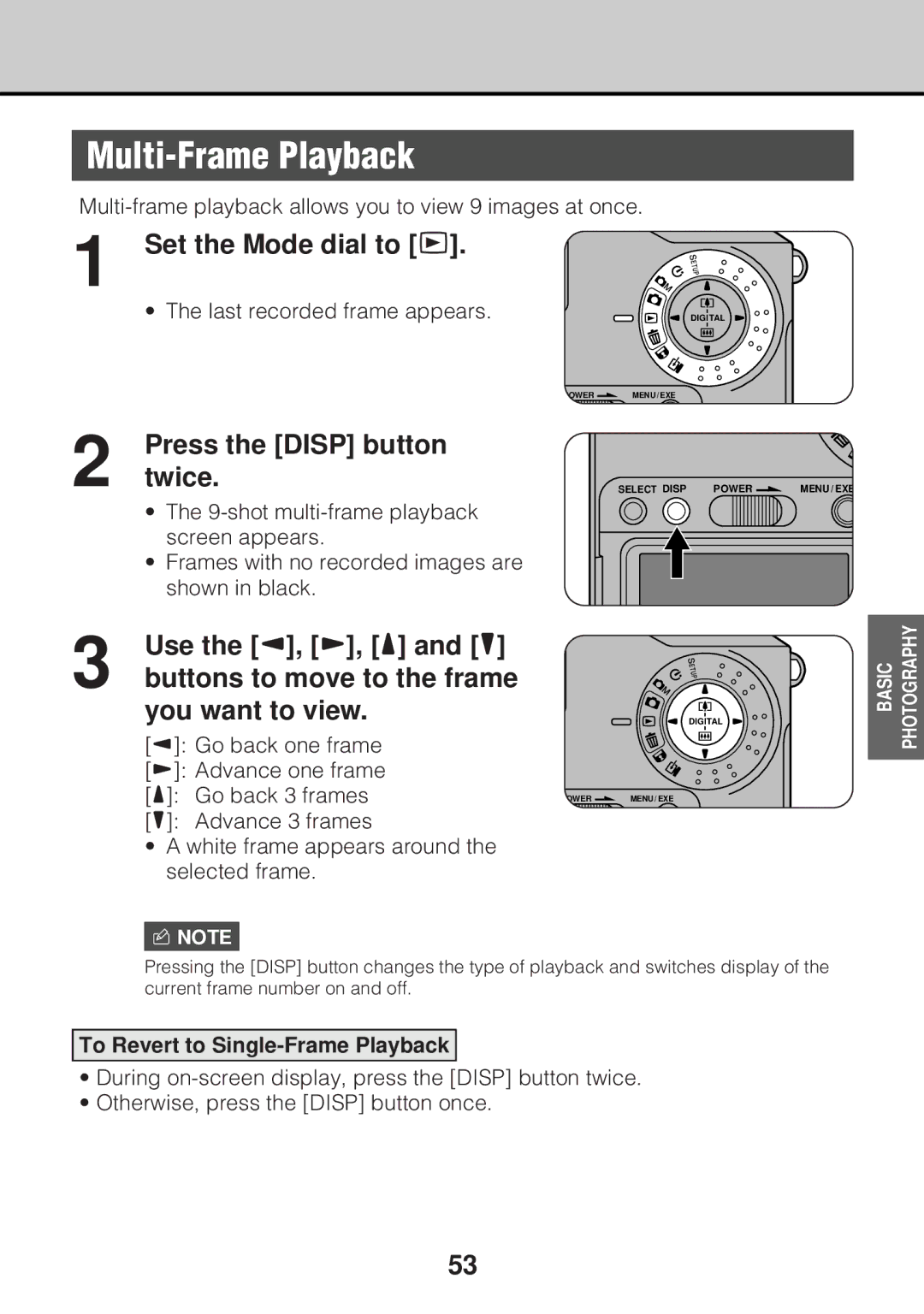 JVC GC-S5 manual Multi-Frame Playback, Press the Disp button Twice, Last recorded frame appears 