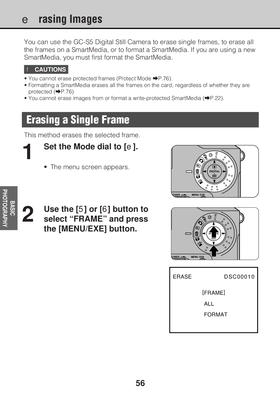 JVC GC-S5 manual Erasing a Single Frame, Set the Mode dial to e 