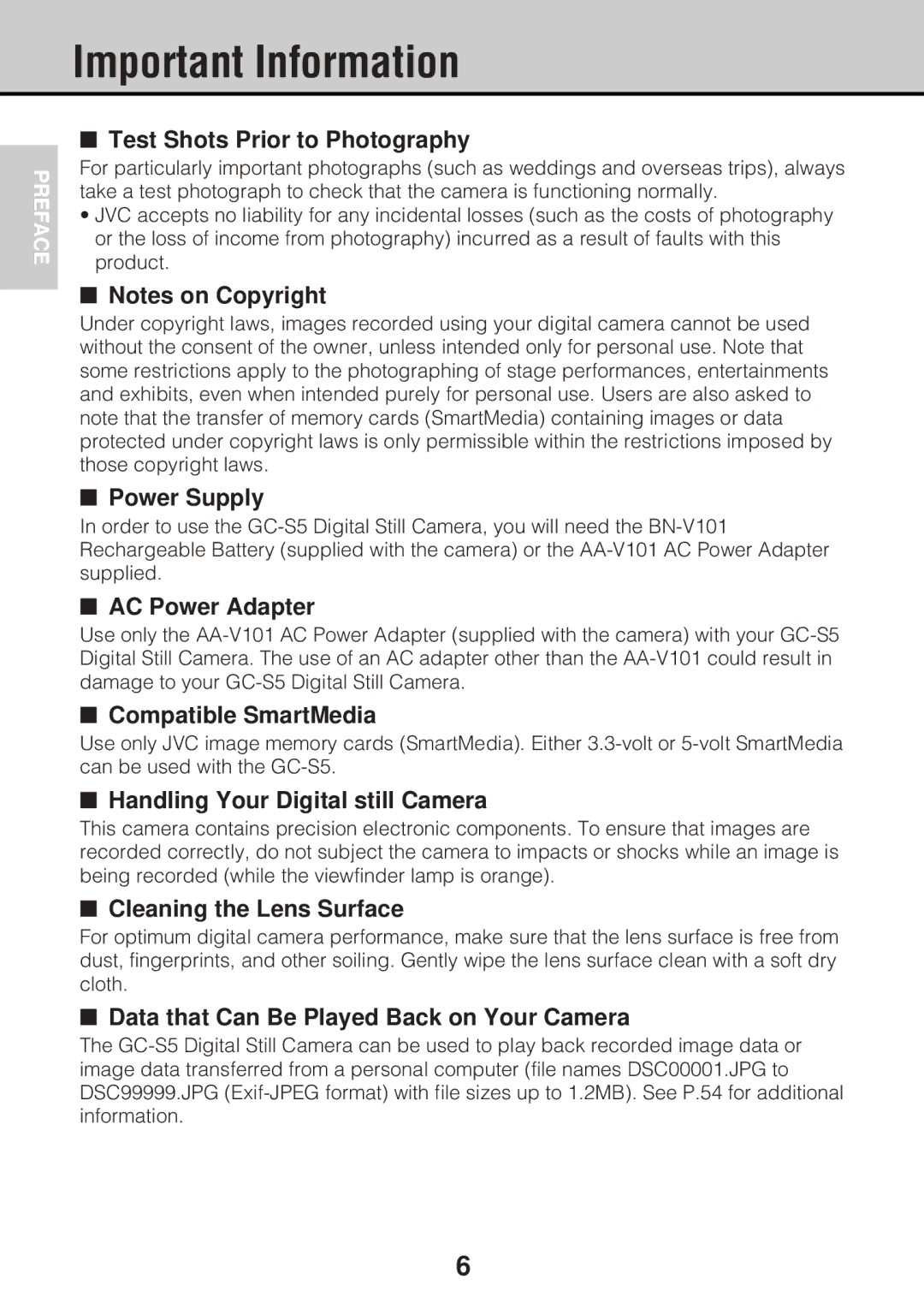 JVC GC-S5 manual Important Information, Test Shots Prior to Photography 