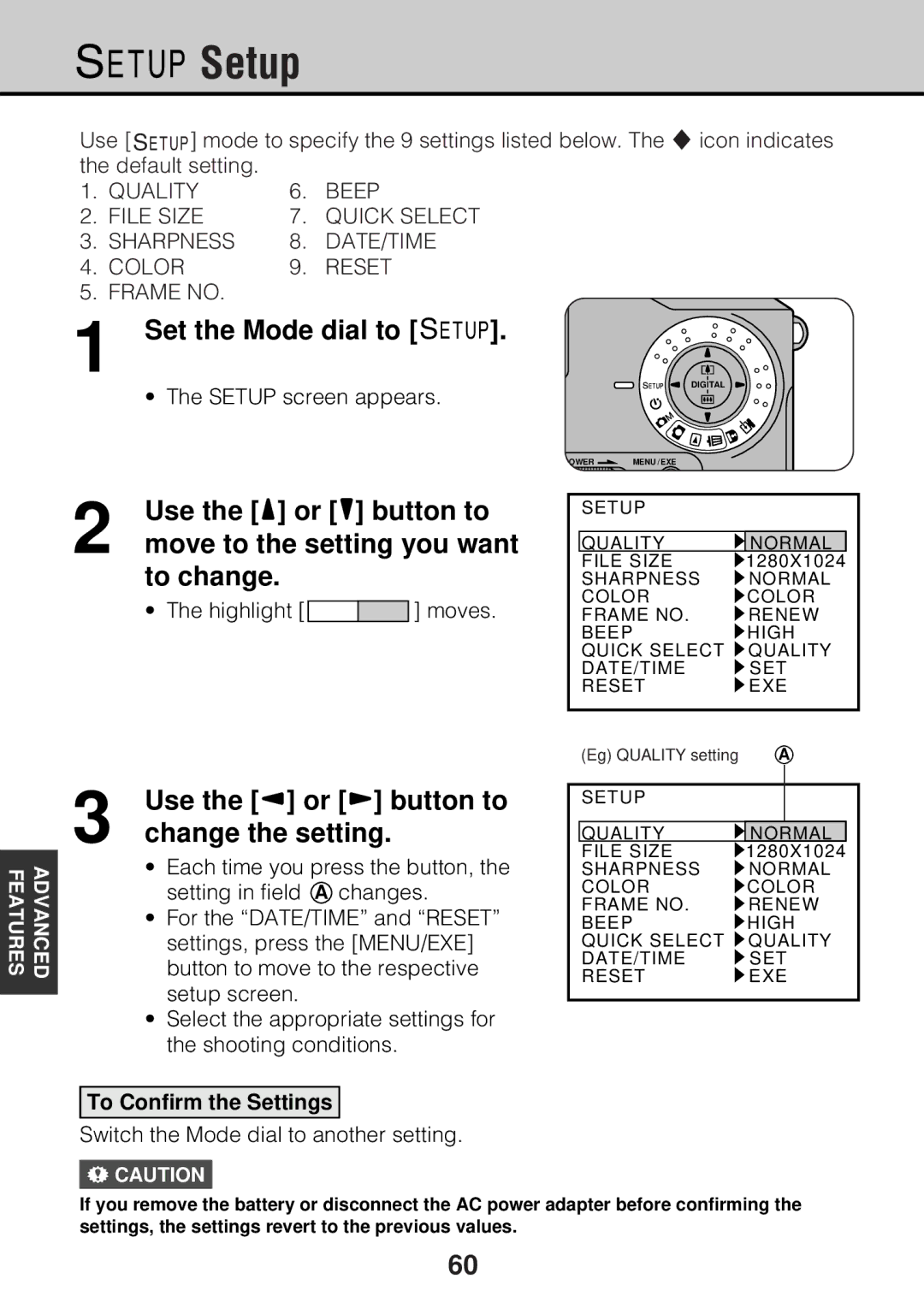 JVC GC-S5 manual Setup, Set the Mode dial to d, To change, Change the setting 