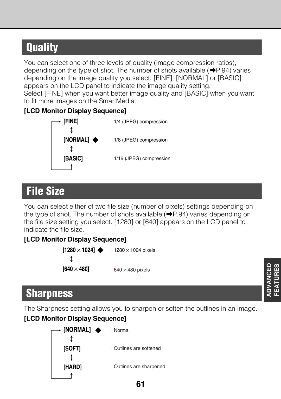 JVC GC-S5 manual Quality, File Size, Sharpness, LCD Monitor Display Sequence 