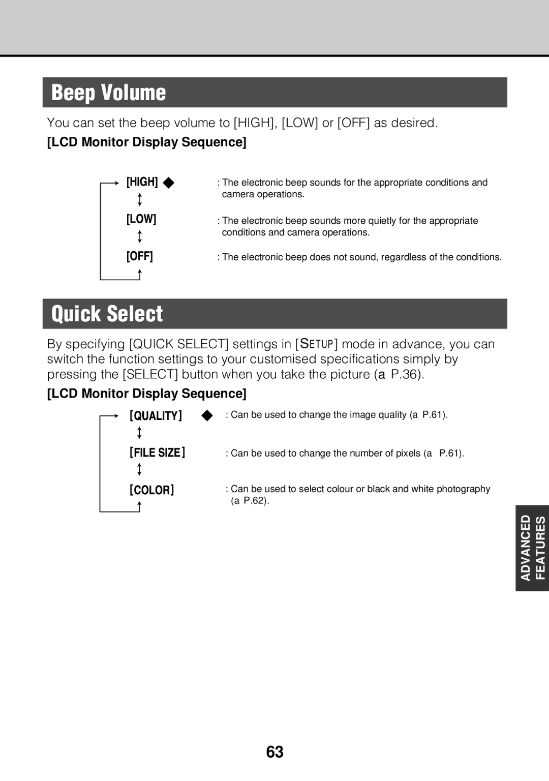 JVC GC-S5 manual Beep Volume, Quick Select 