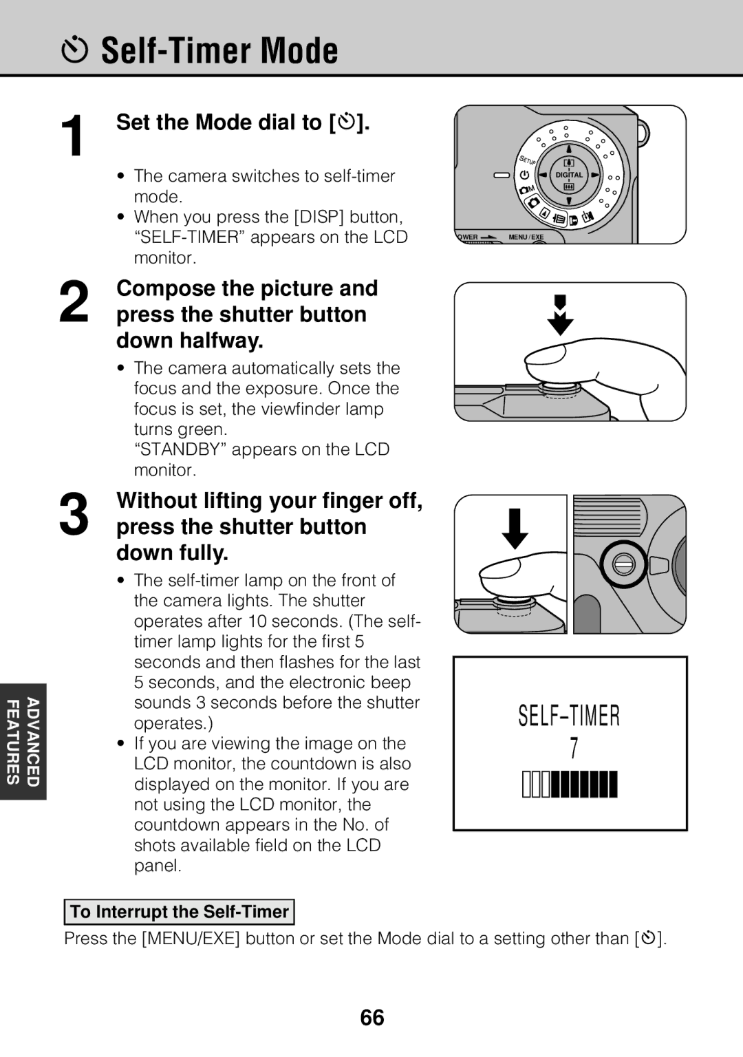 JVC GC-S5 manual Self-Timer Mode, Set the Mode dial to s, Compose the picture Press the shutter button Down halfway 