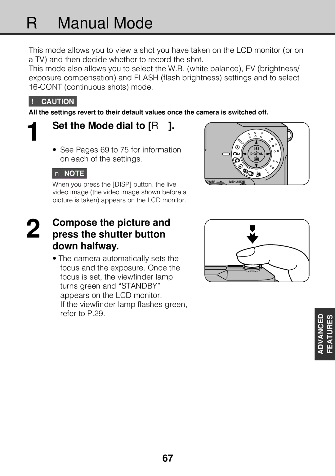 JVC GC-S5 manual Manual Mode, See Pages 69 to 75 for information on each of the settings 