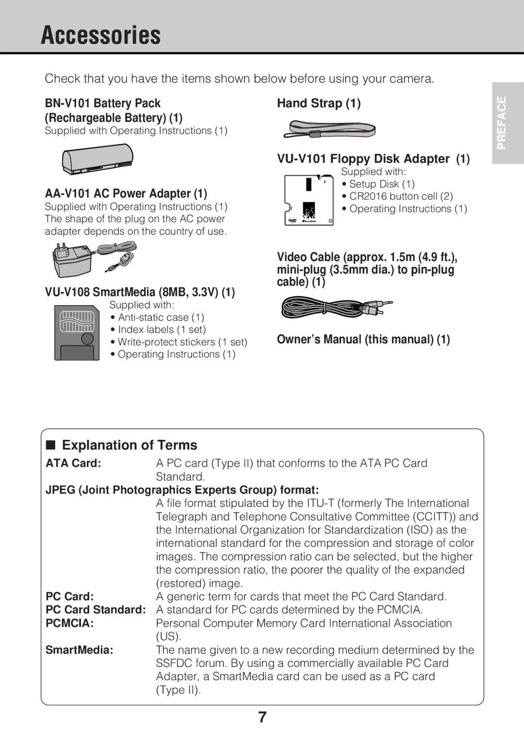 JVC GC-S5 Accessories, AA-V101 AC Power Adapter, Hand Strap VU-V101 Floppy Disk Adapter, VU-V108 SmartMedia 8MB, 3.3V 