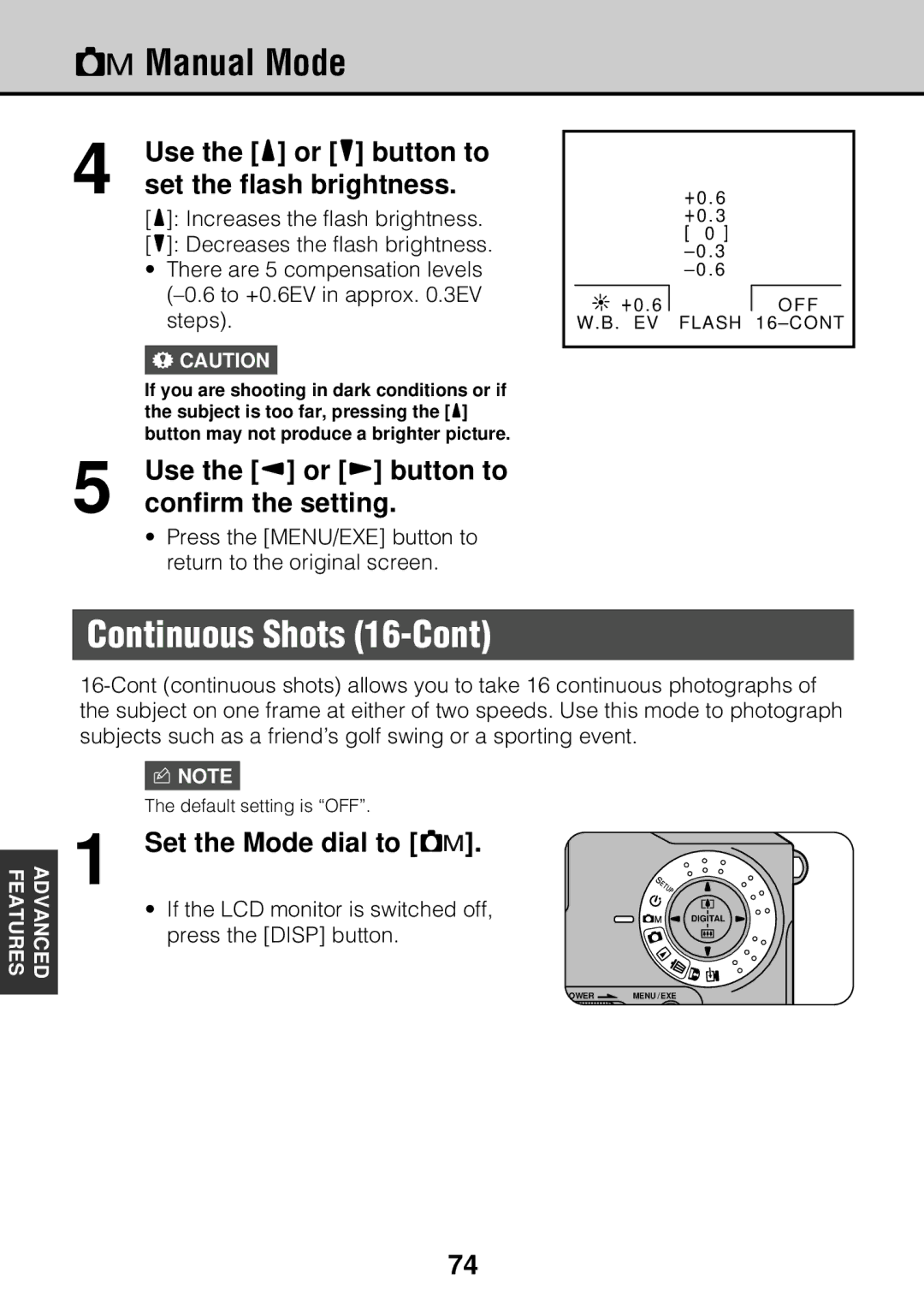 JVC GC-S5 manual Continuous Shots 16-Cont, Set the flash brightness 