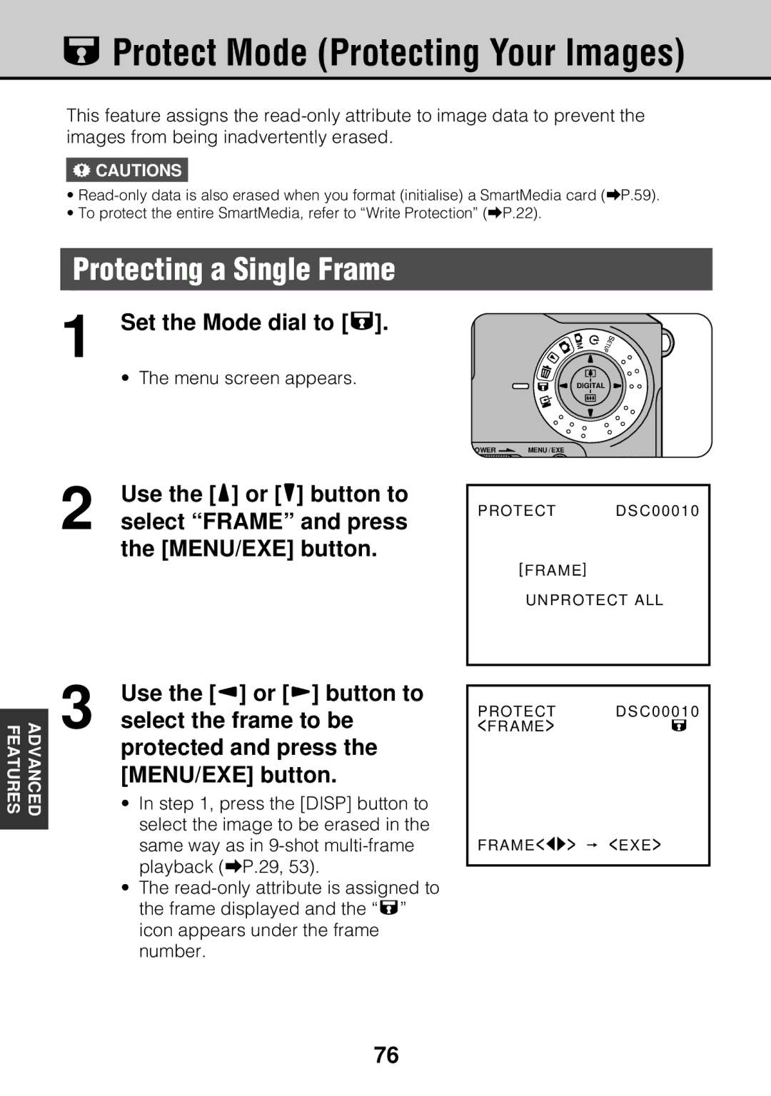 JVC GC-S5 manual Protecting a Single Frame, Set the Mode dial to L, Select the frame to be 