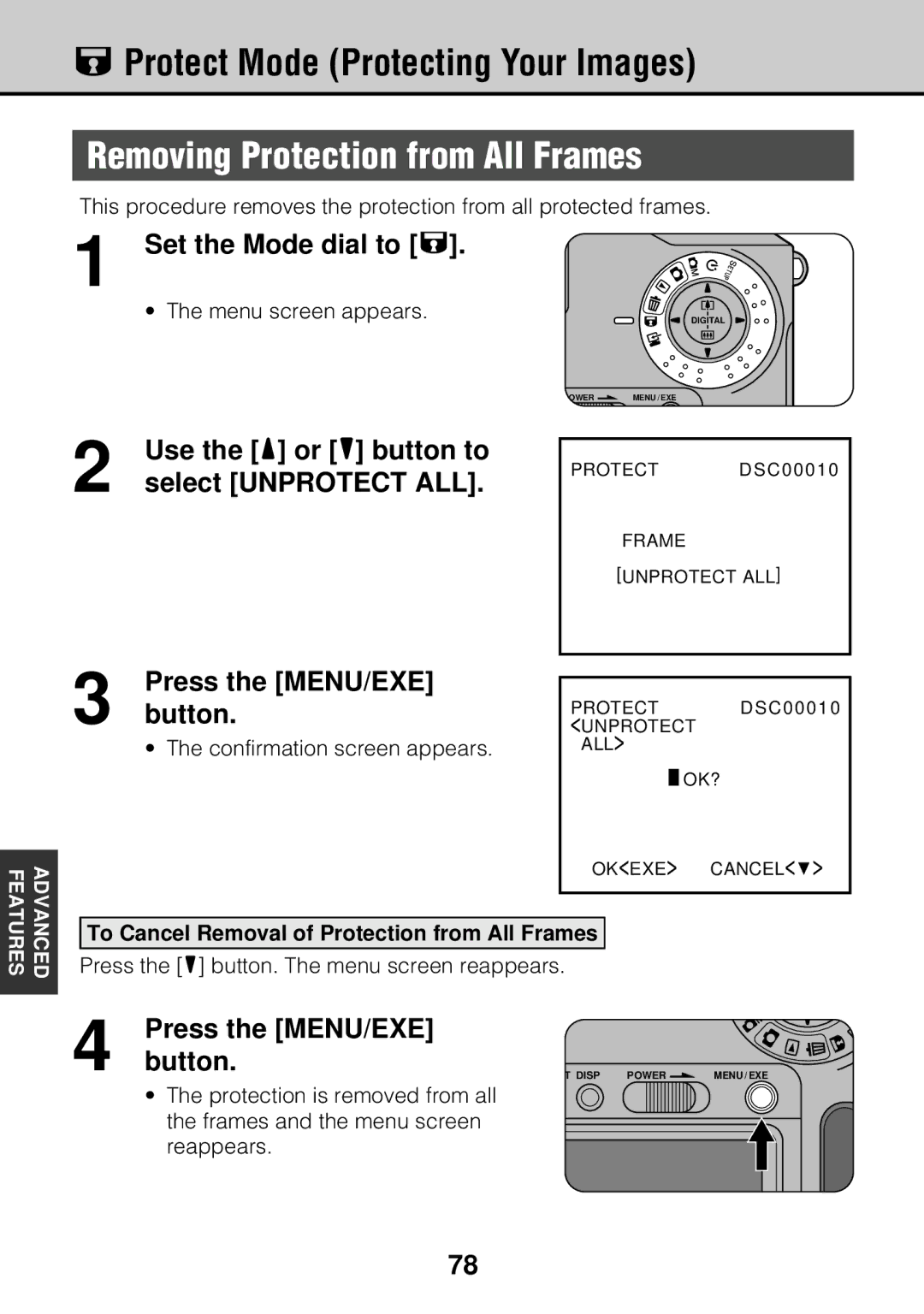 JVC GC-S5 manual Removing Protection from All Frames, Select Unprotect ALL, To Cancel Removal of Protection from All Frames 