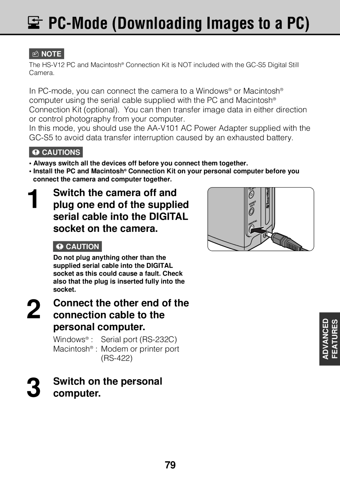 JVC GC-S5 manual Socket on the camera, Connection cable to, Personal computer, Switch on the personal, Computer 