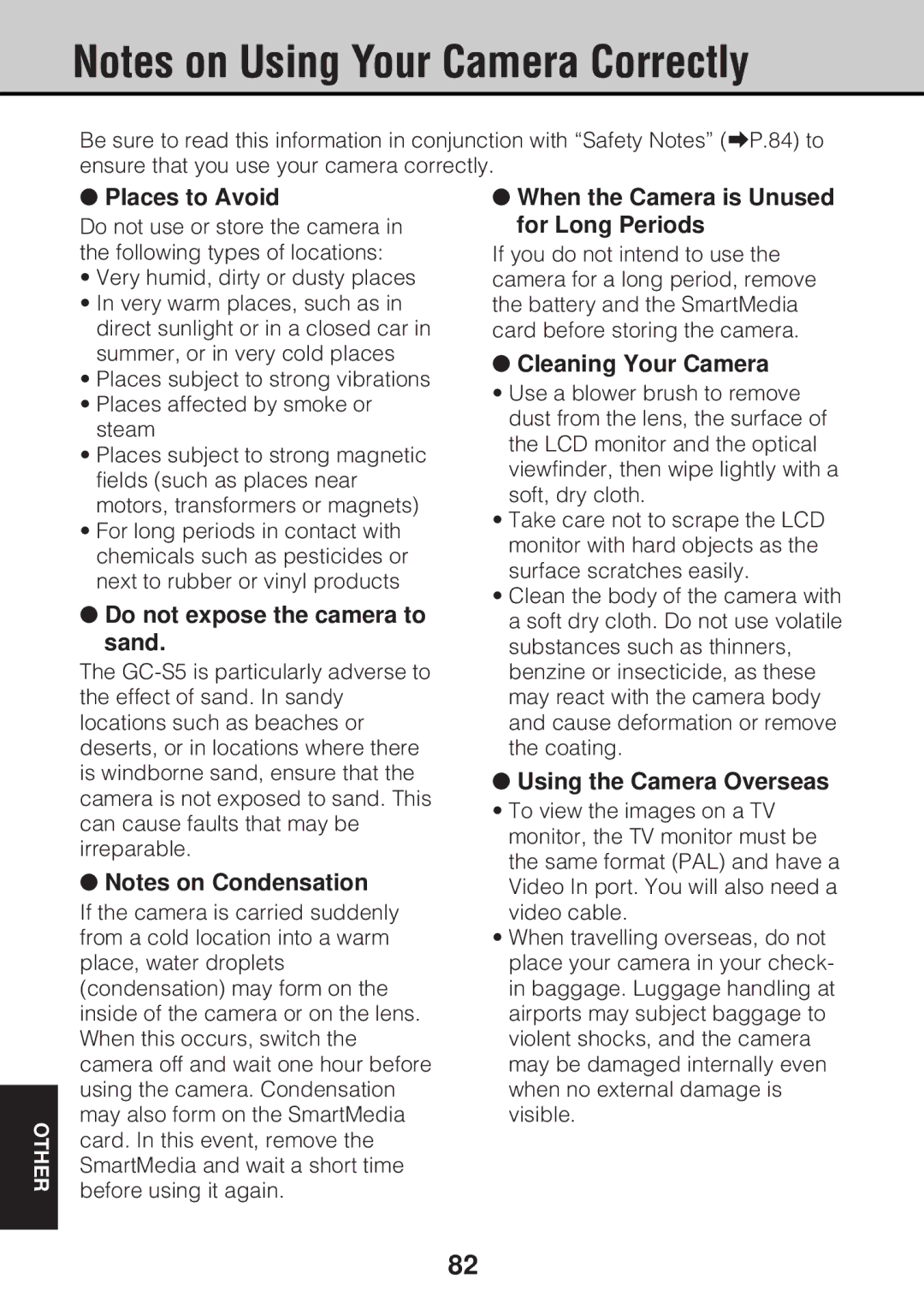 JVC GC-S5 manual Places to Avoid 