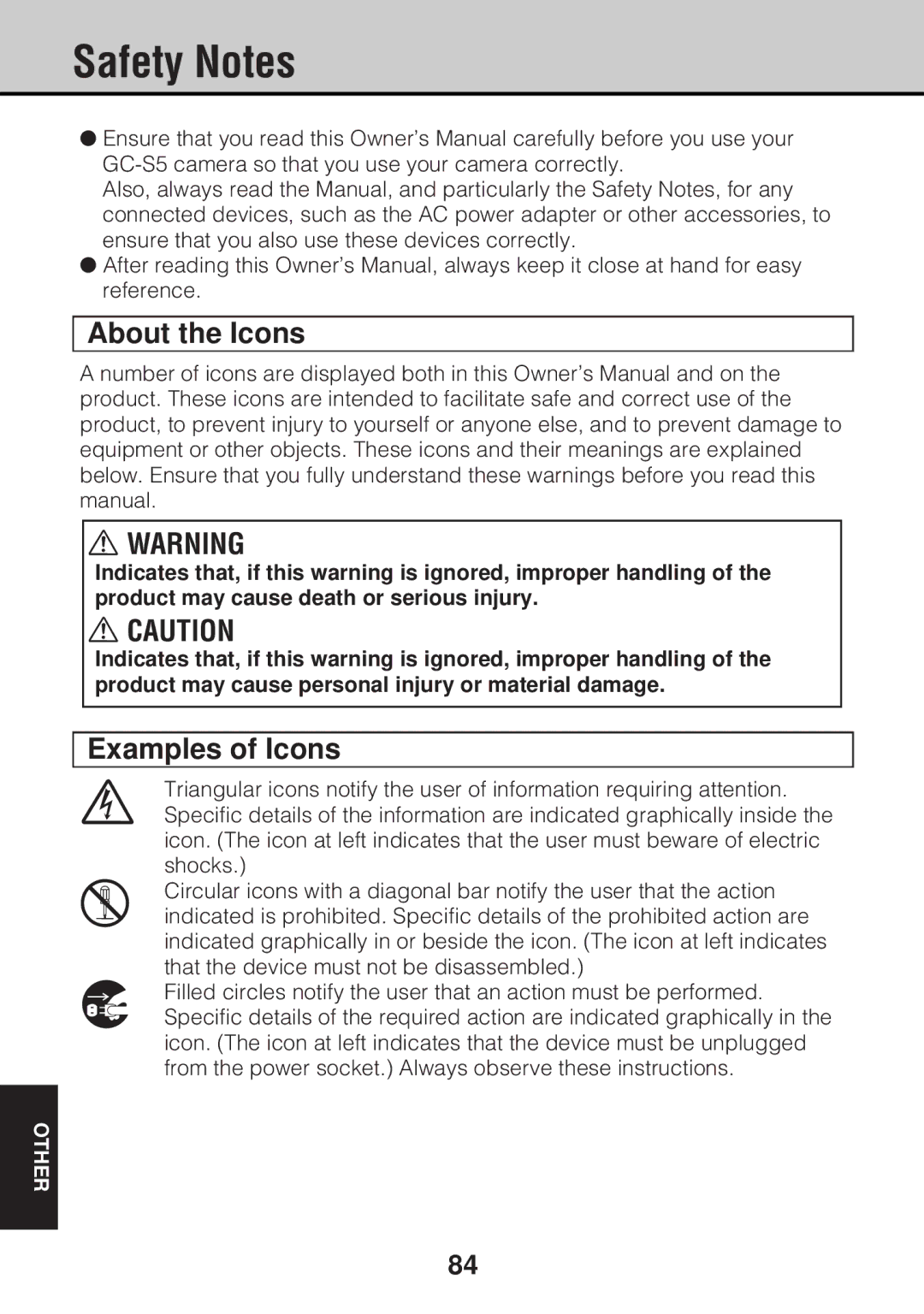 JVC GC-S5 manual Safety Notes, About the Icons, Examples of Icons 