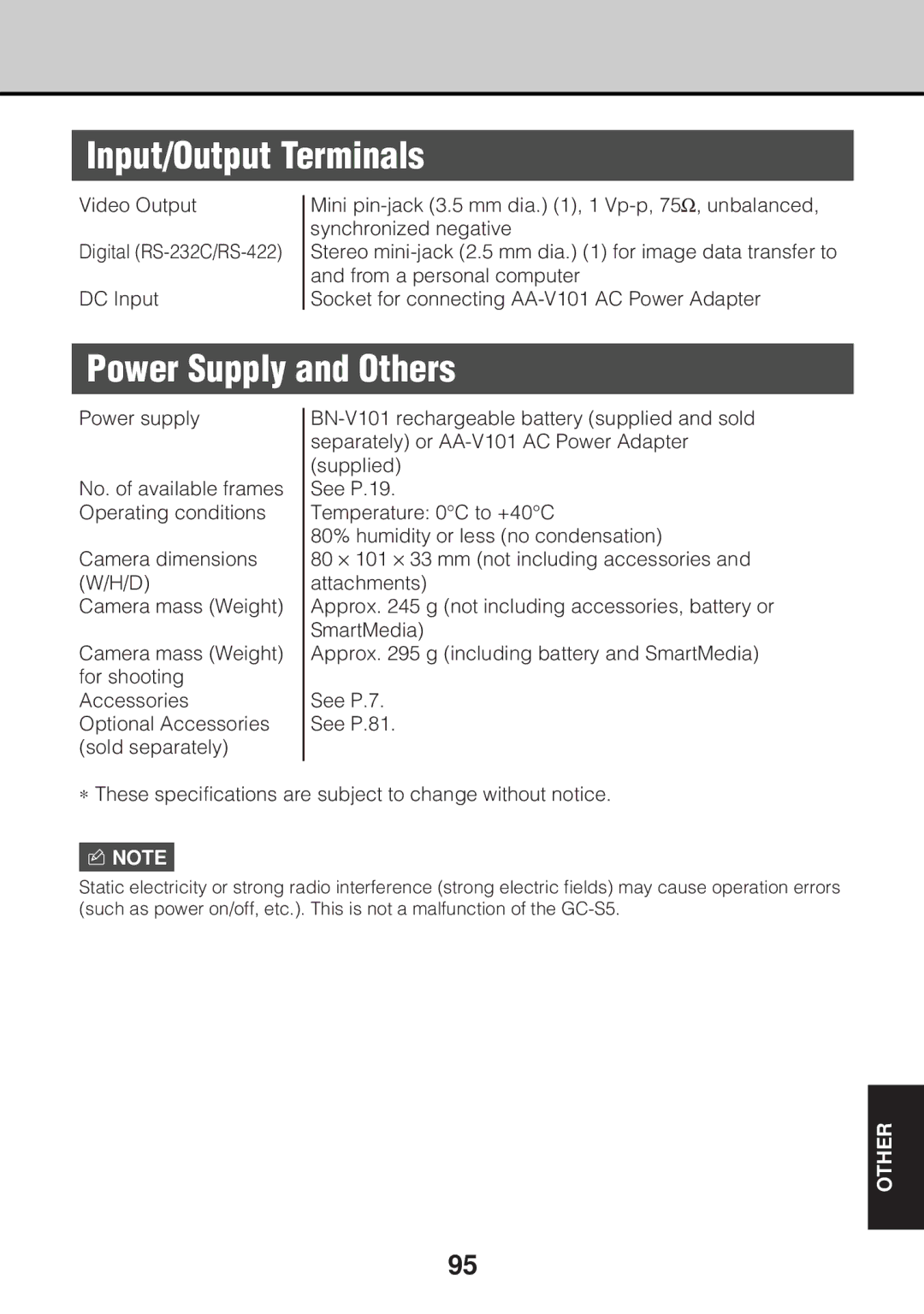 JVC GC-S5 manual Input/Output Terminals, Power Supply and Others 