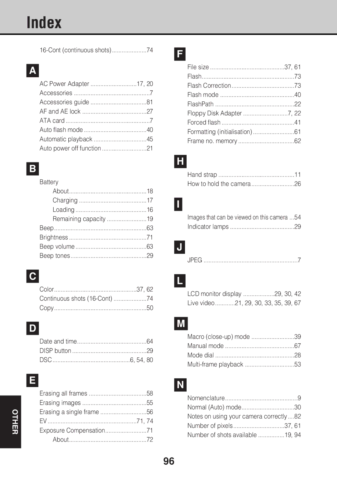 JVC GC-S5 manual Index, Battery 