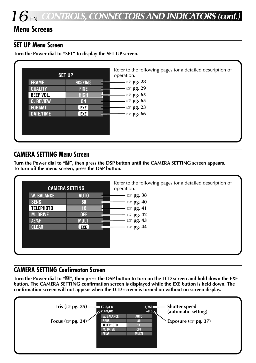 JVC GC X 1 manual 16 EN, Menu Screens, Turn the Power dial to SET to display the SET UP screen, Exposure pg 