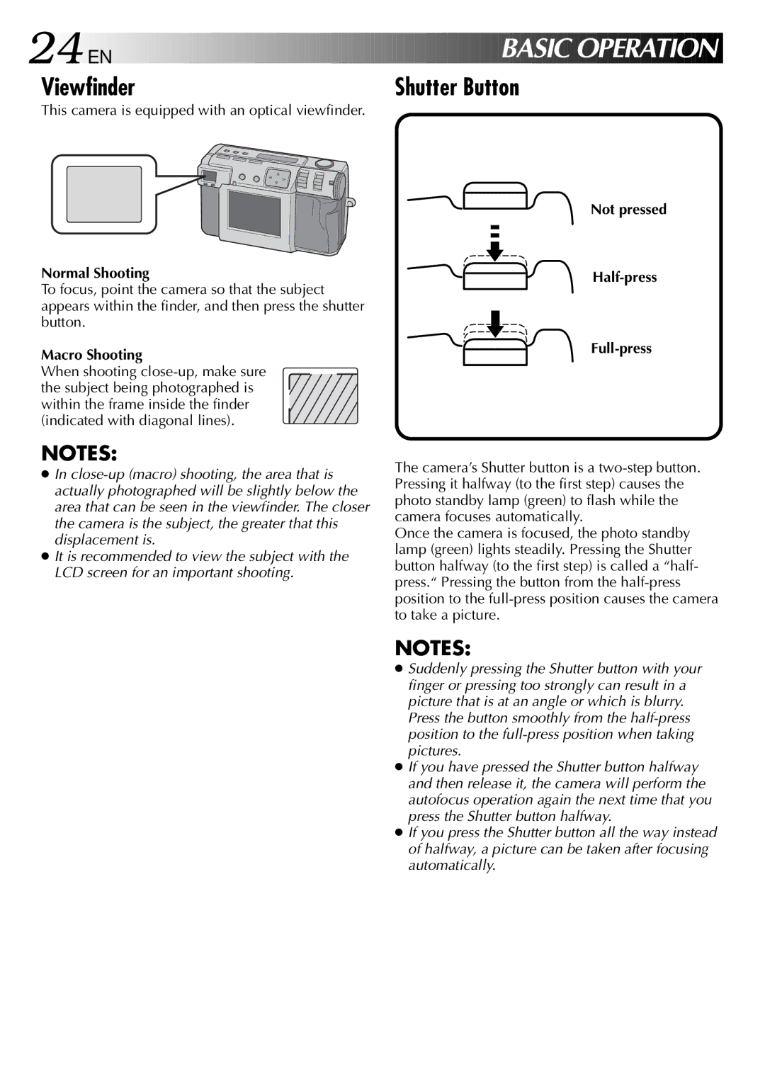 JVC GC X 1 manual 24 EN, Viewfinder, Normal Shooting, Macro Shooting, Not pressed Half-press Full-press 