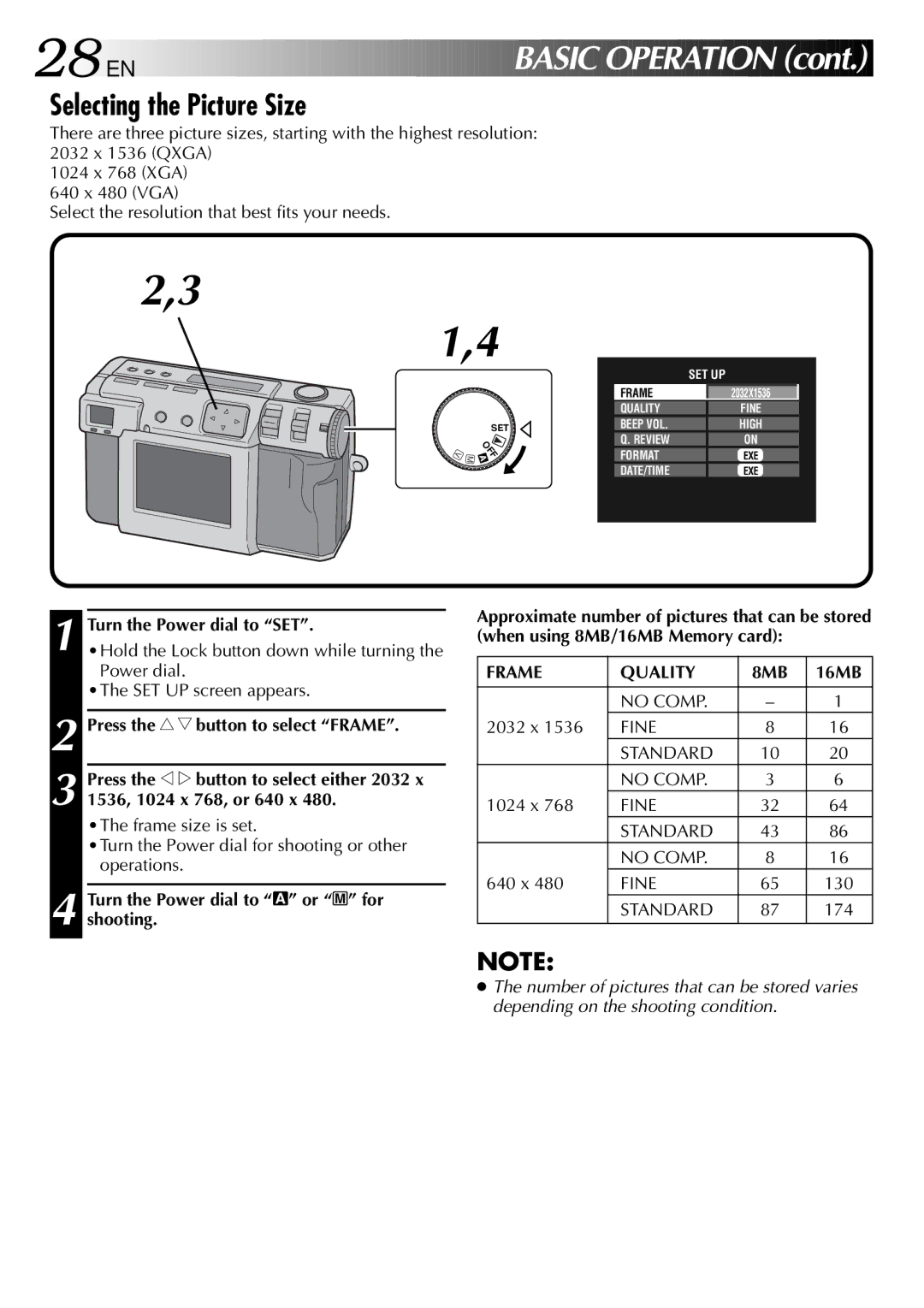 JVC GC X 1 28 EN, Selecting the Picture Size, Turn the Power dial to SET, Turn the Power dial to a or M for shooting, 16MB 