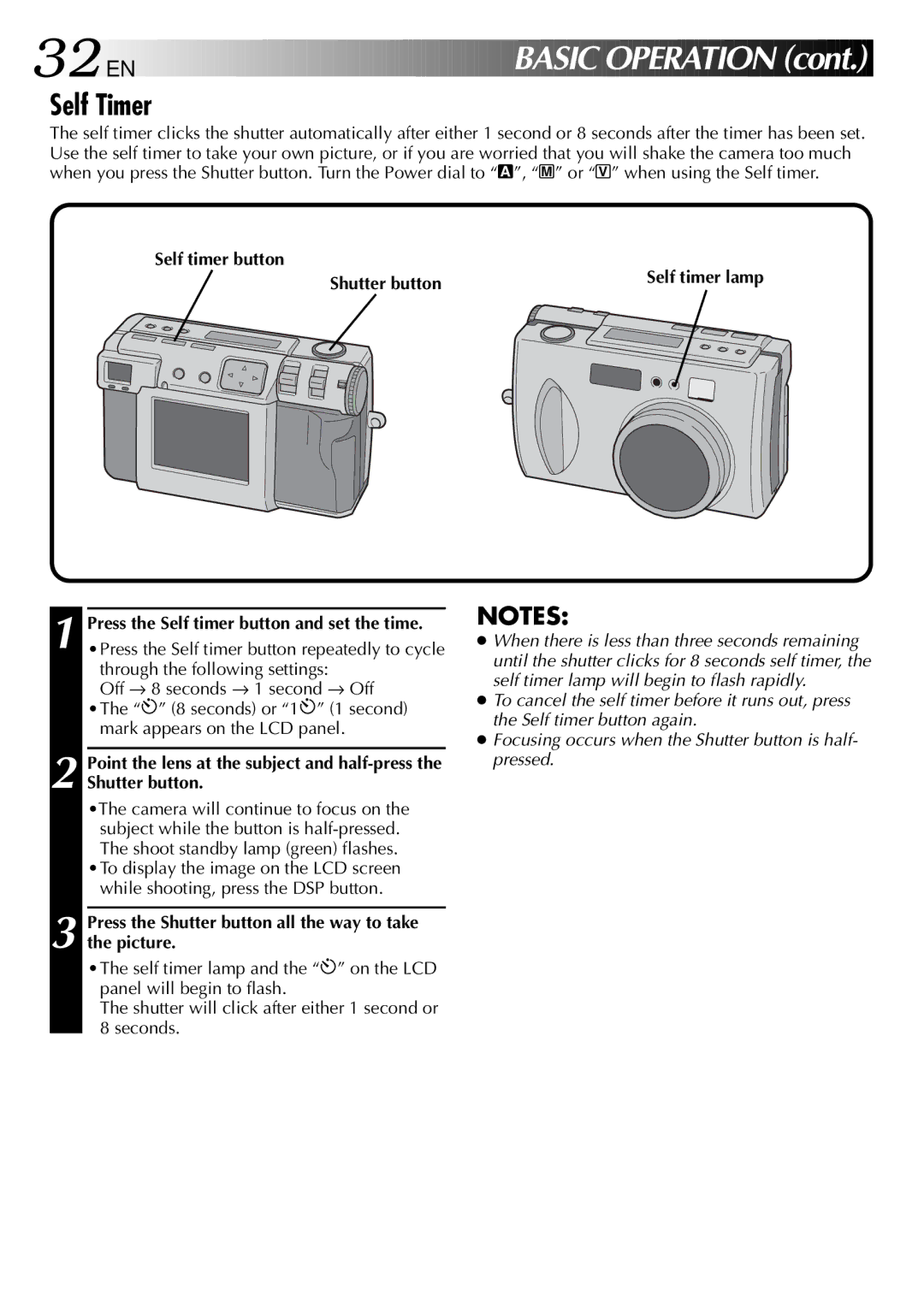 JVC GC X 1 manual 32 EN, Self Timer, Self timer button Shutter button 