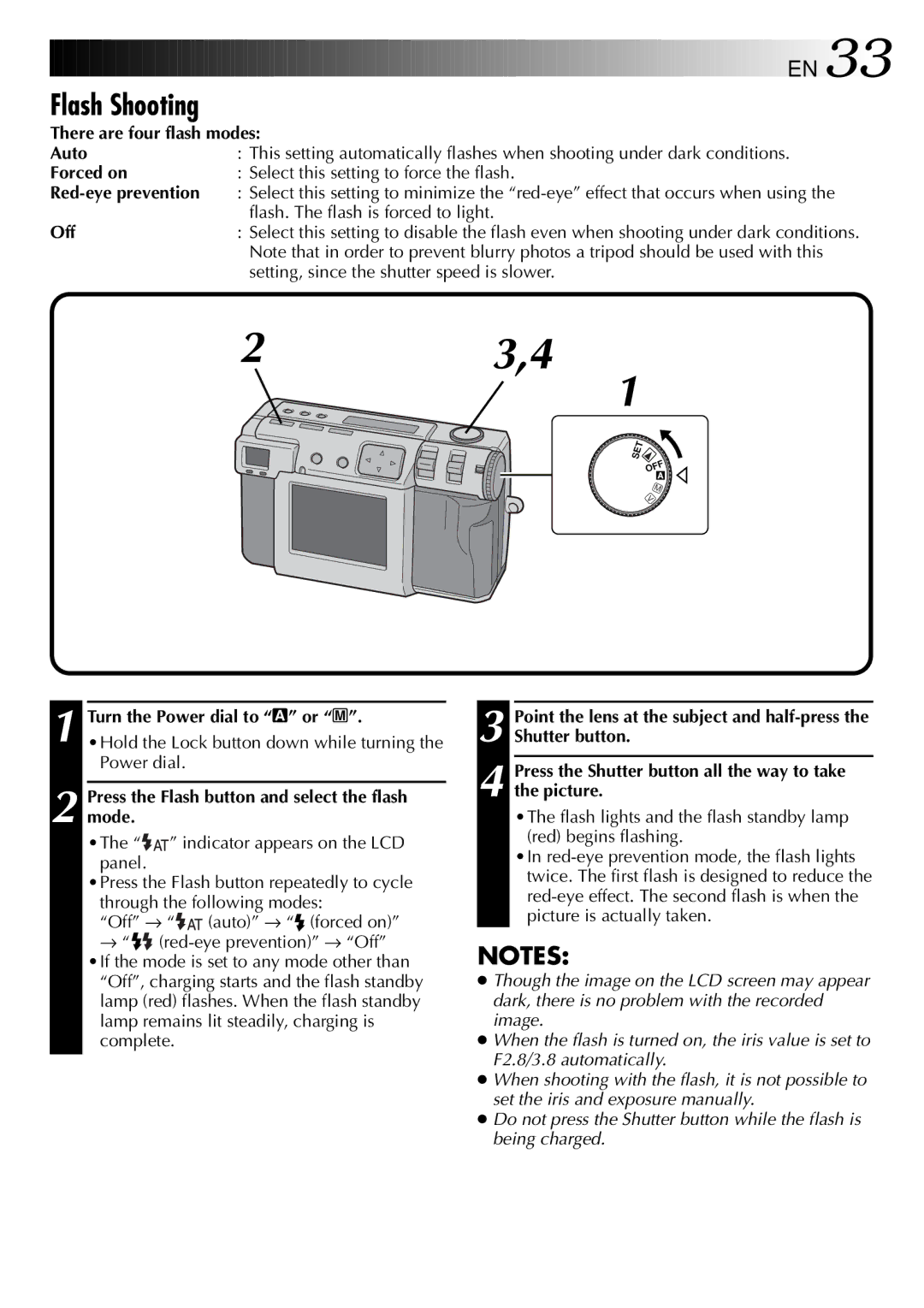 JVC GC X 1 manual Flash Shooting, Flash. The flash is forced to light, Off, Setting, since the shutter speed is slower 