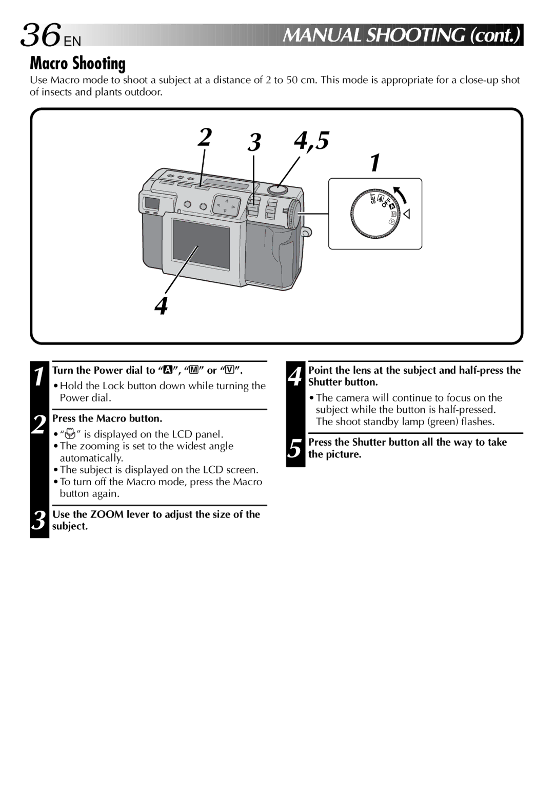 JVC GC X 1 manual 36 EN, Manual Shooting, Macro Shooting, Turn the Power dial to A, M or, Press the Macro button 