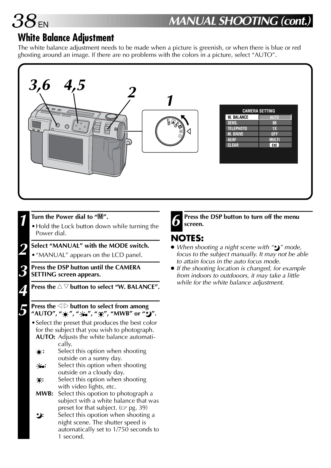 JVC GC X 1 manual 38 EN, White Balance Adjustment, Press the DSP button to turn off the menu screen 